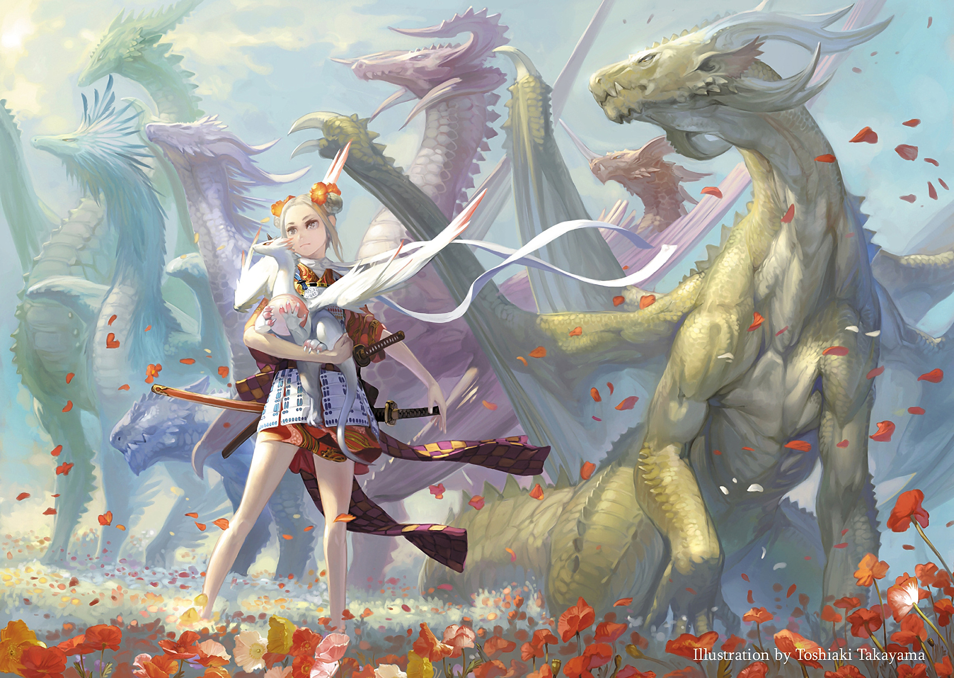 Girl with Dragons and Flowers HD Wallpaper