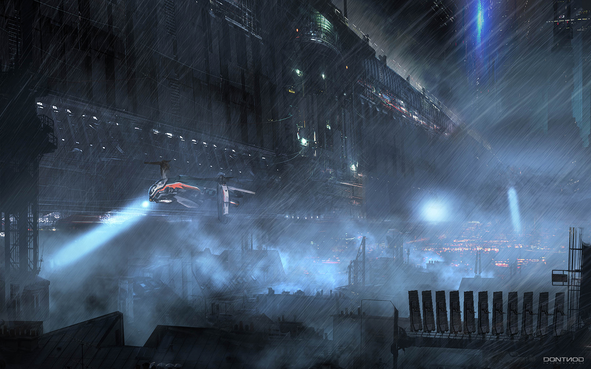 Sci-fi city with spaceship in rain HD Wallpaper