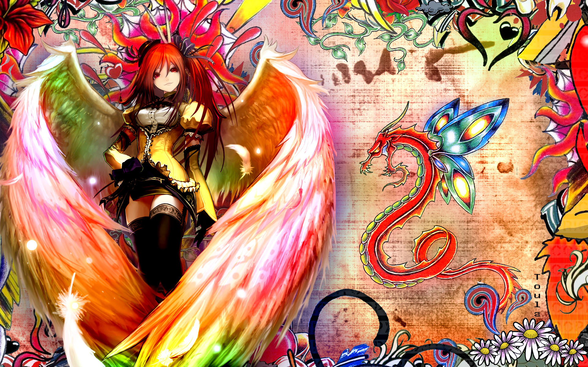 Anime girl with wings and dragon HD Wallpaper