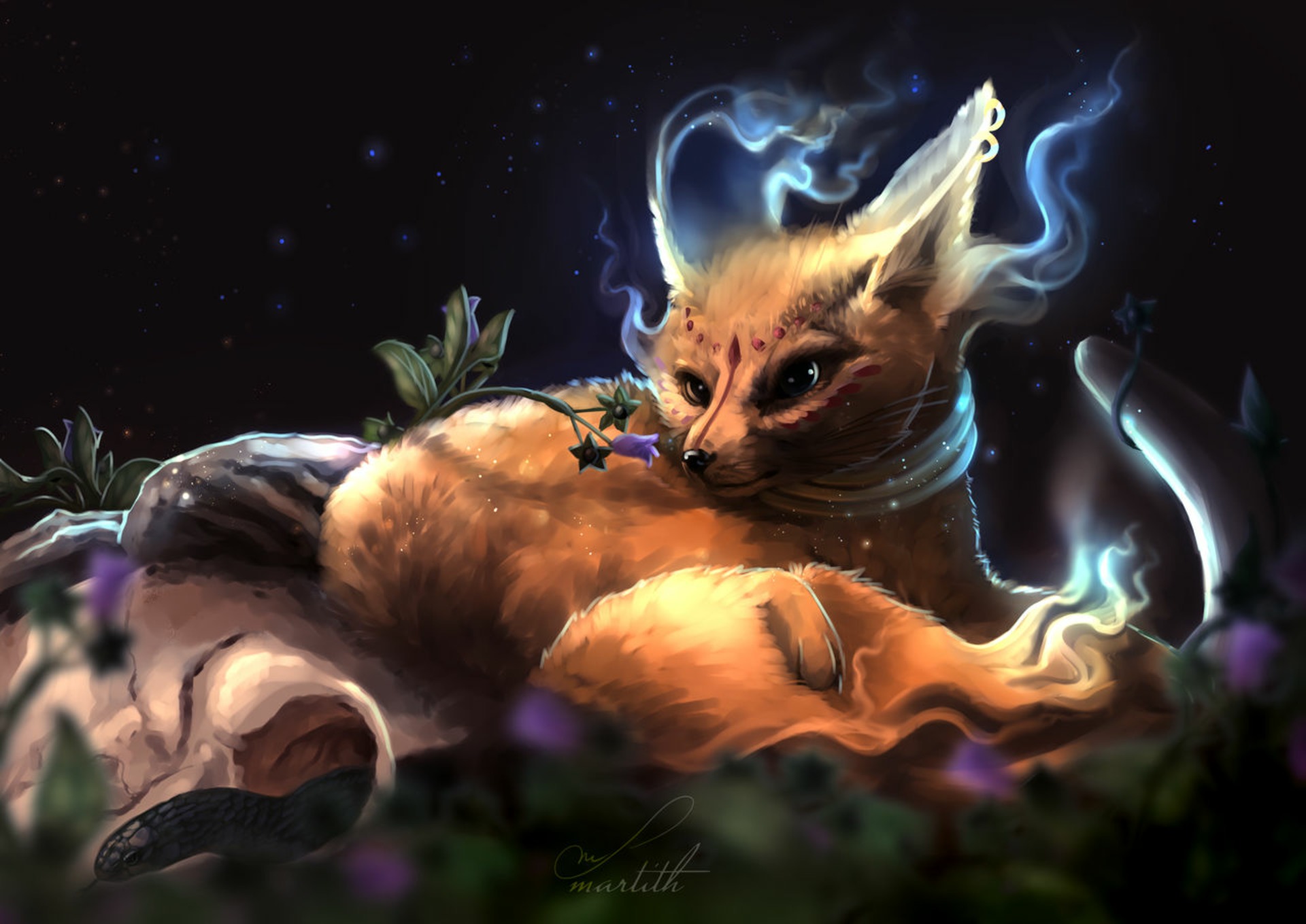 Fantasy fox with blue smoke and flowers HD Wallpaper