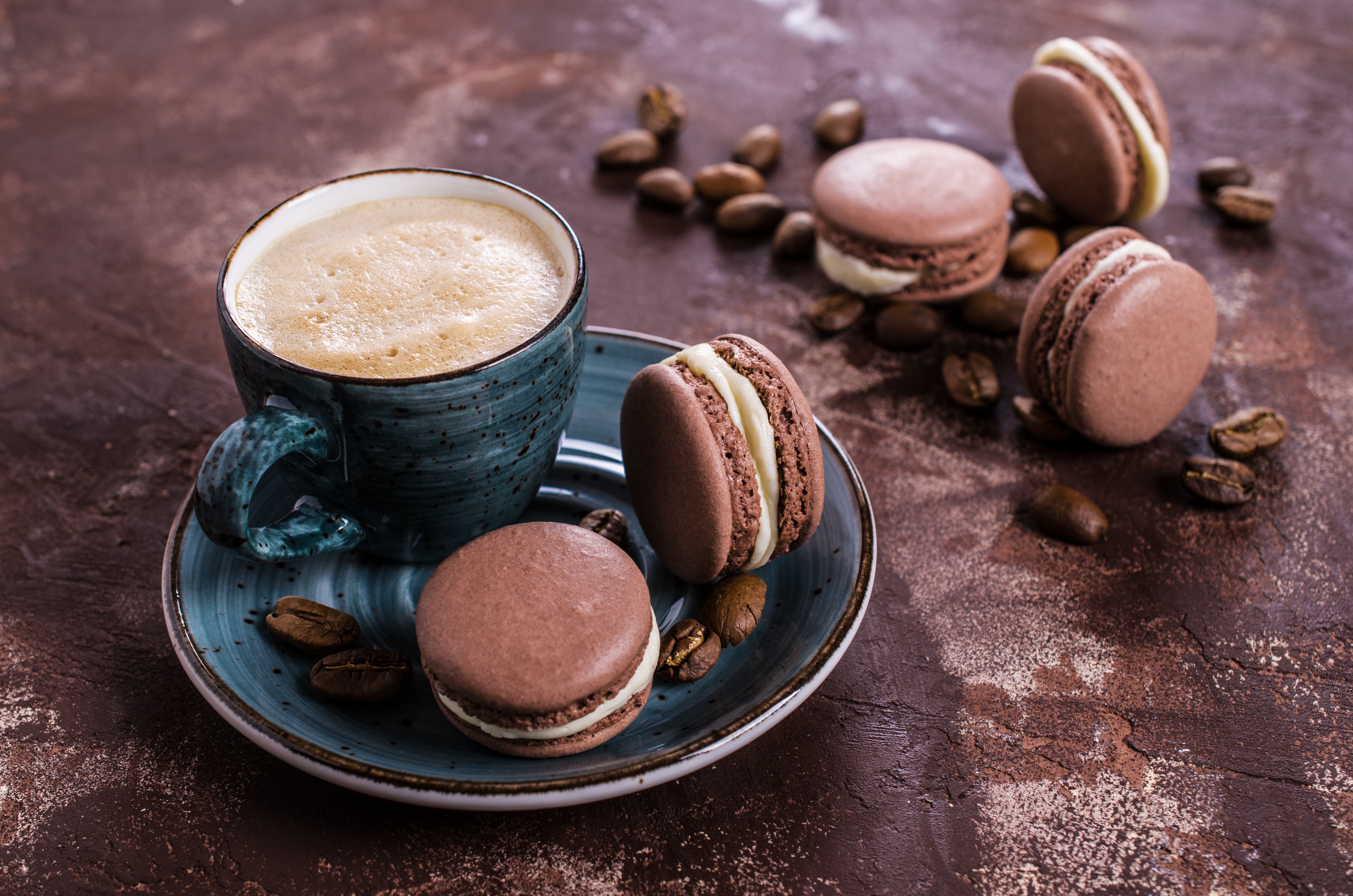 Coffee cup with macarons and coffee beans HD Wallpaper