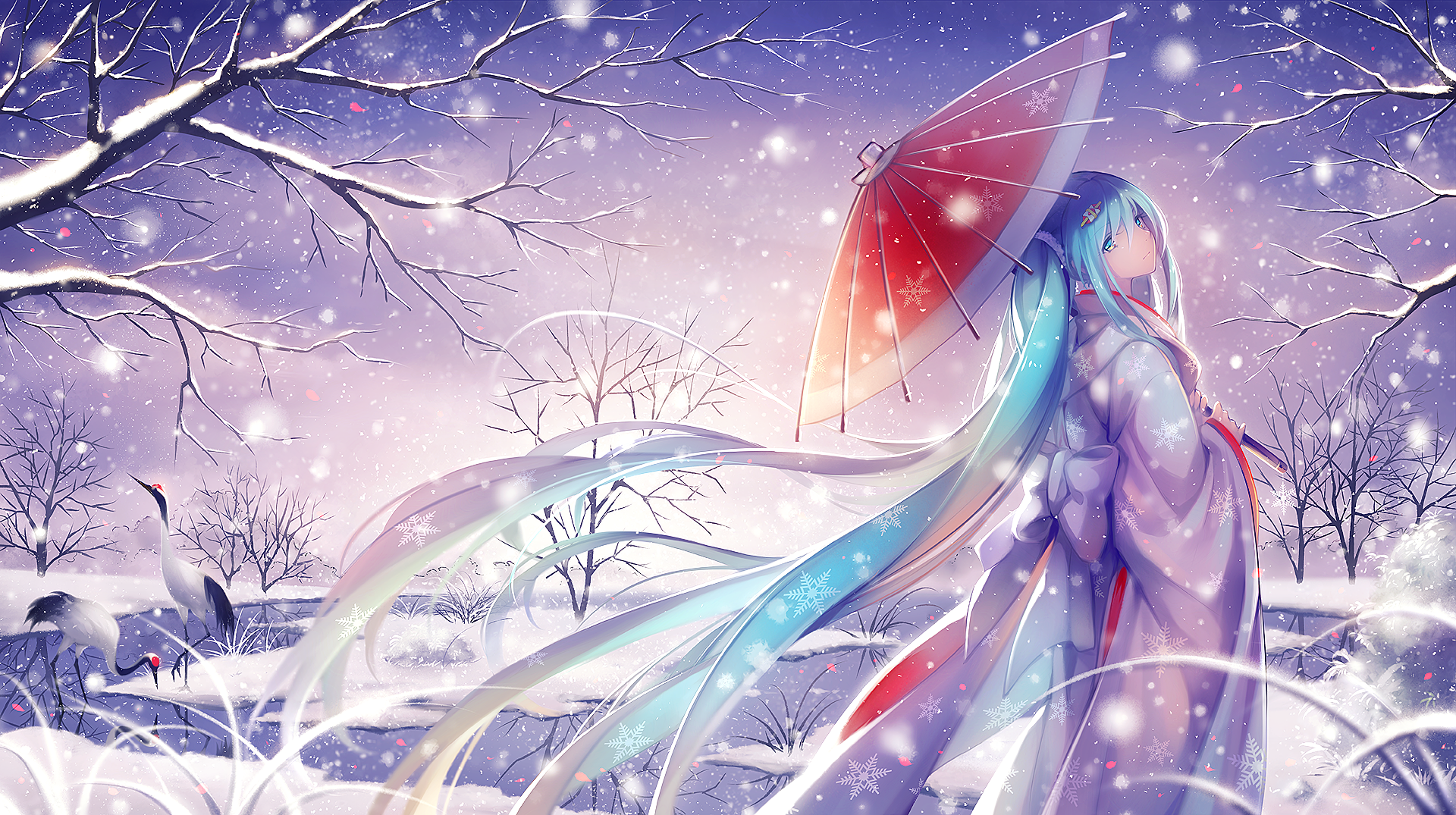 Hatsune Miku in a Snowy Landscape with Cranes HD Wallpaper
