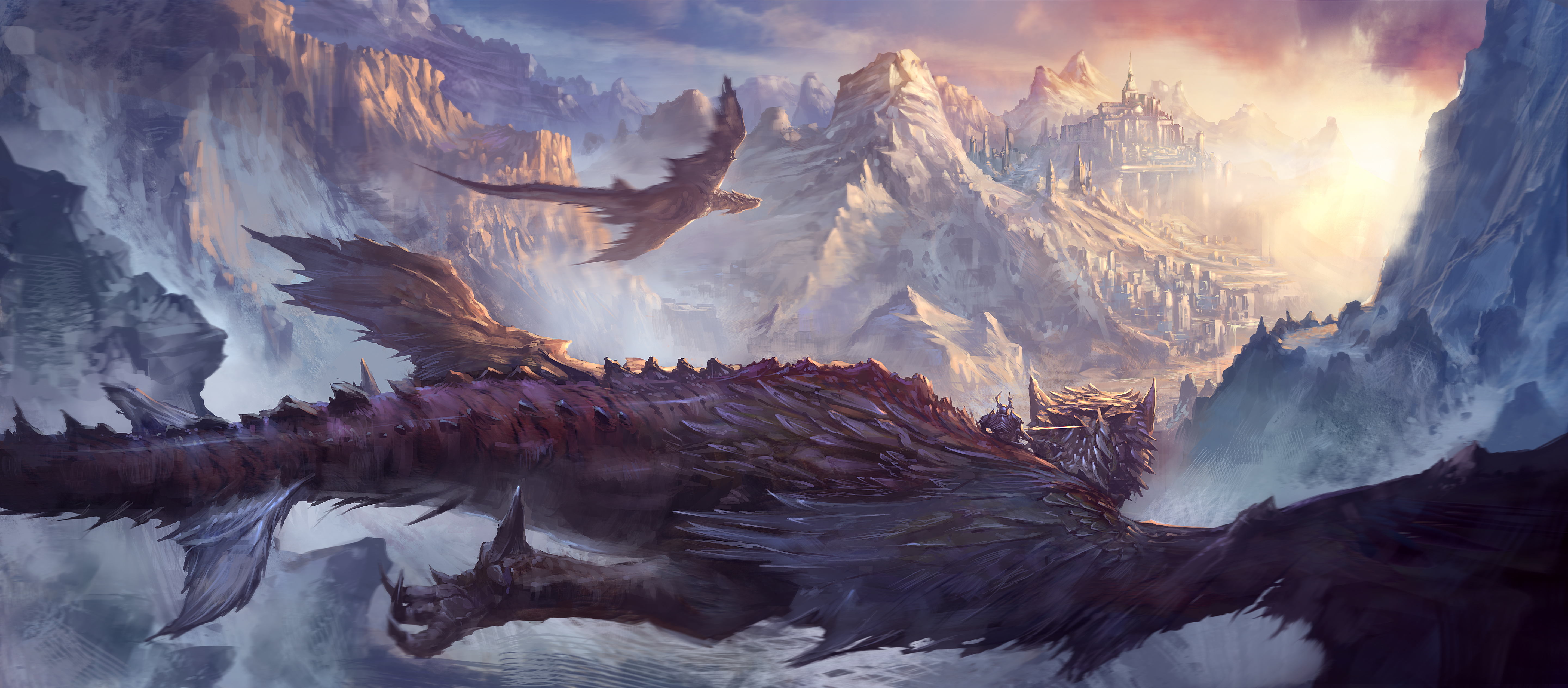 Dragons flying over a fantasy mountain city HD Wallpaper