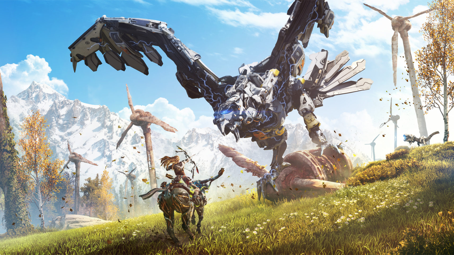 Aloy on a mount fighting a large robotic bird in Horizon Zero Dawn HD Wallpaper