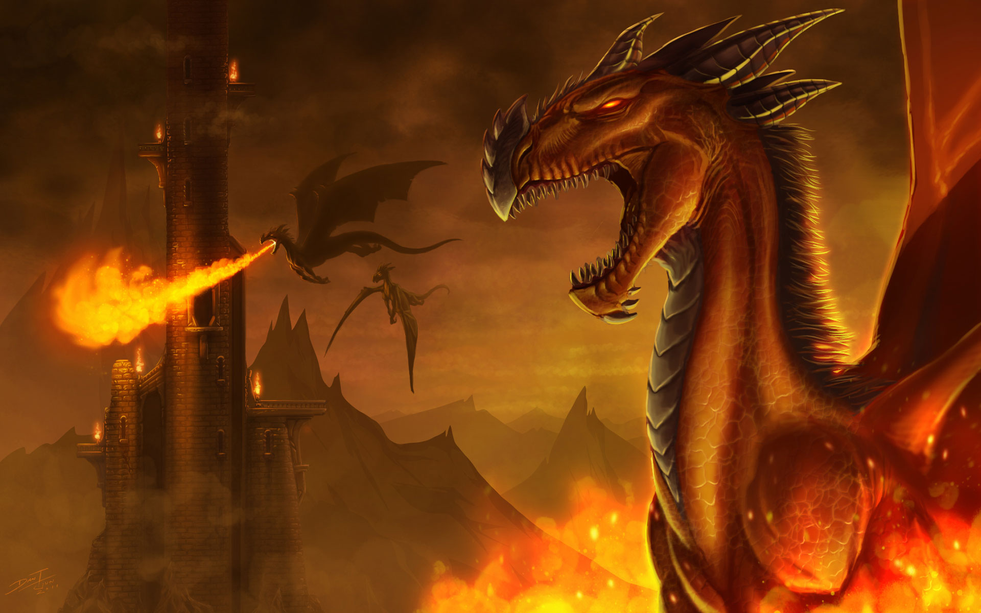 Dragons attacking a tower with fire HD Wallpaper
