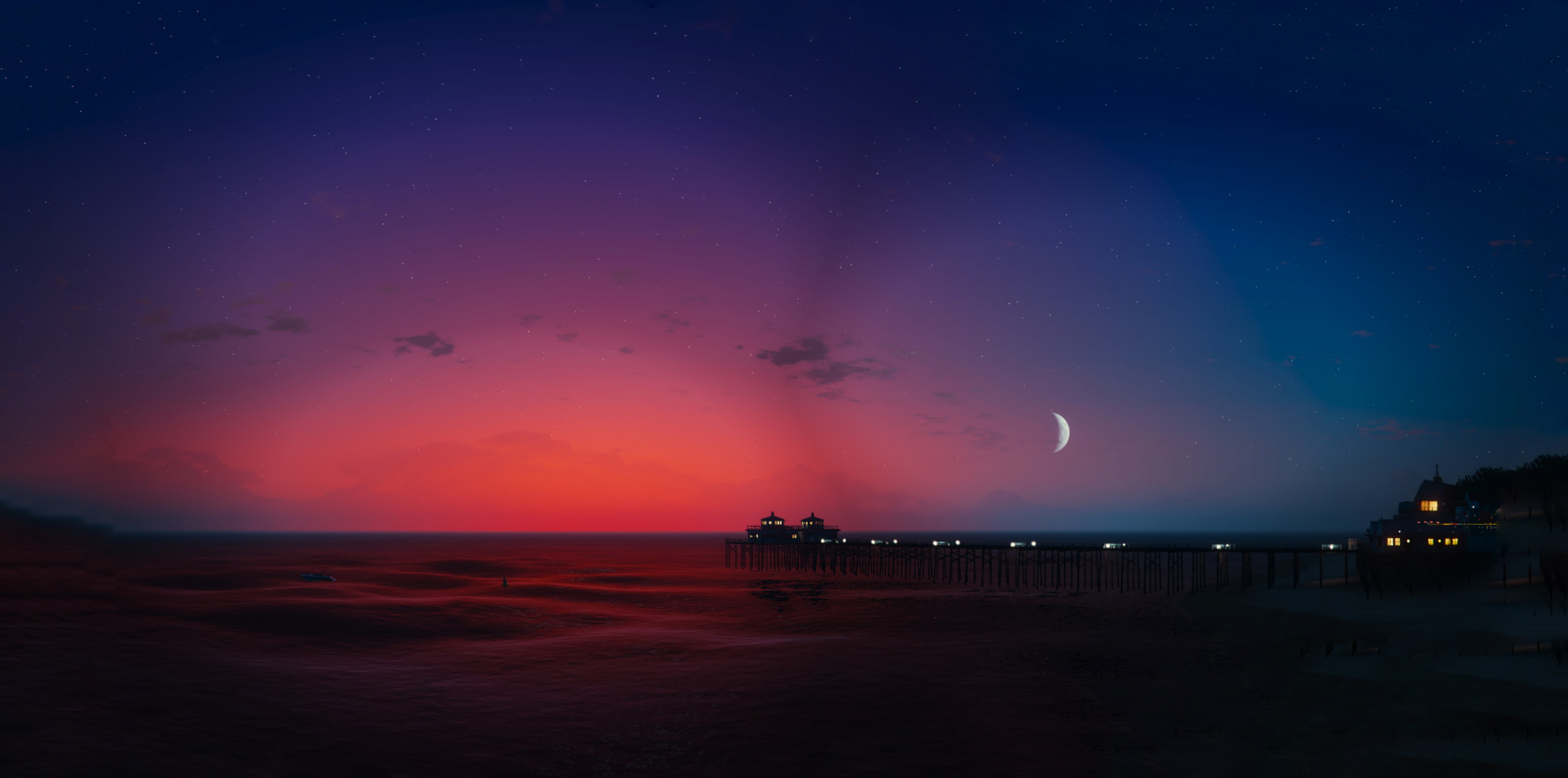 Grand Theft Auto V: Dusk over the ocean with a pier and moon HD Wallpaper