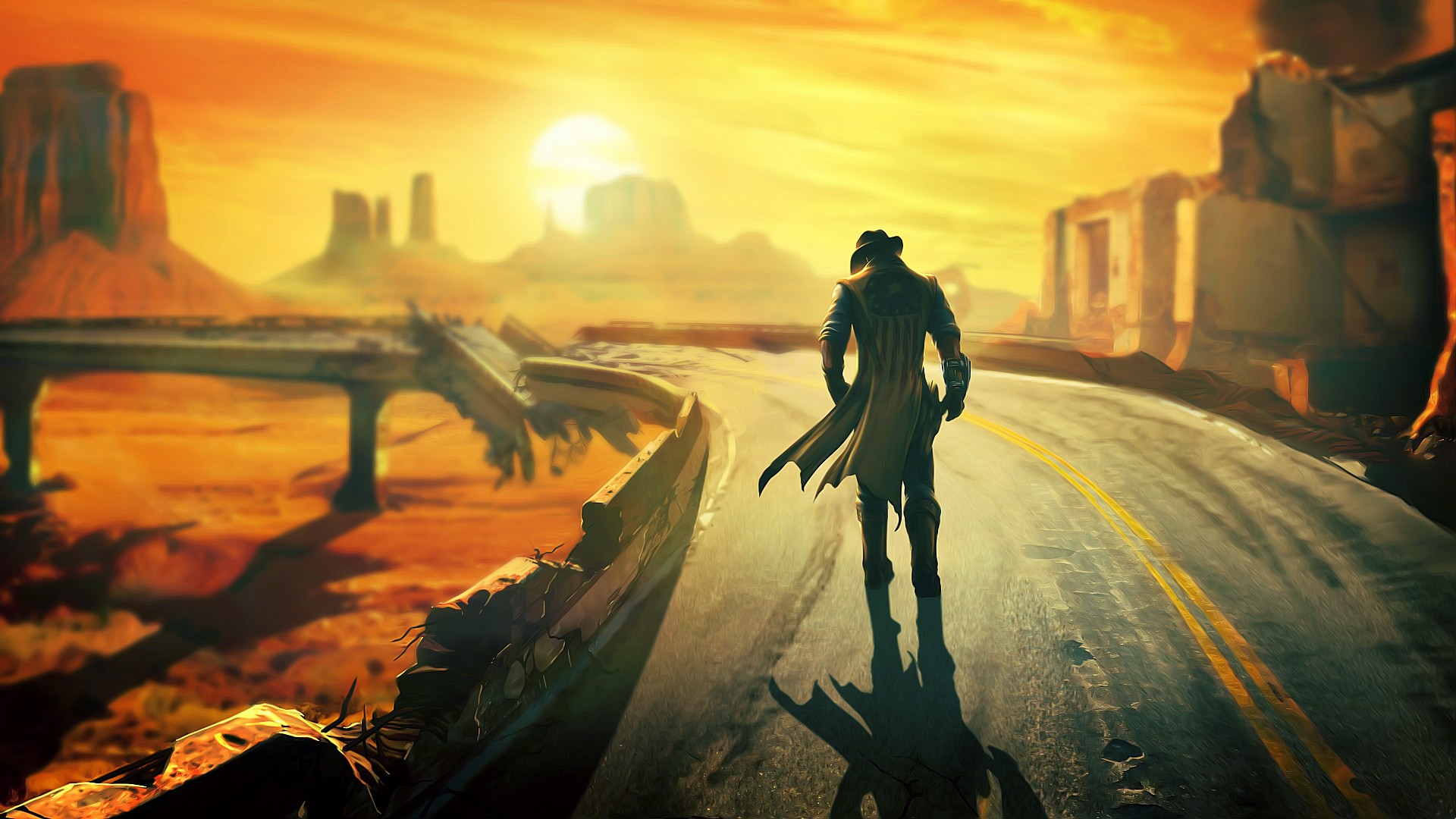 Man in trench coat walks on road in Fallout: New Vegas HD Wallpaper
