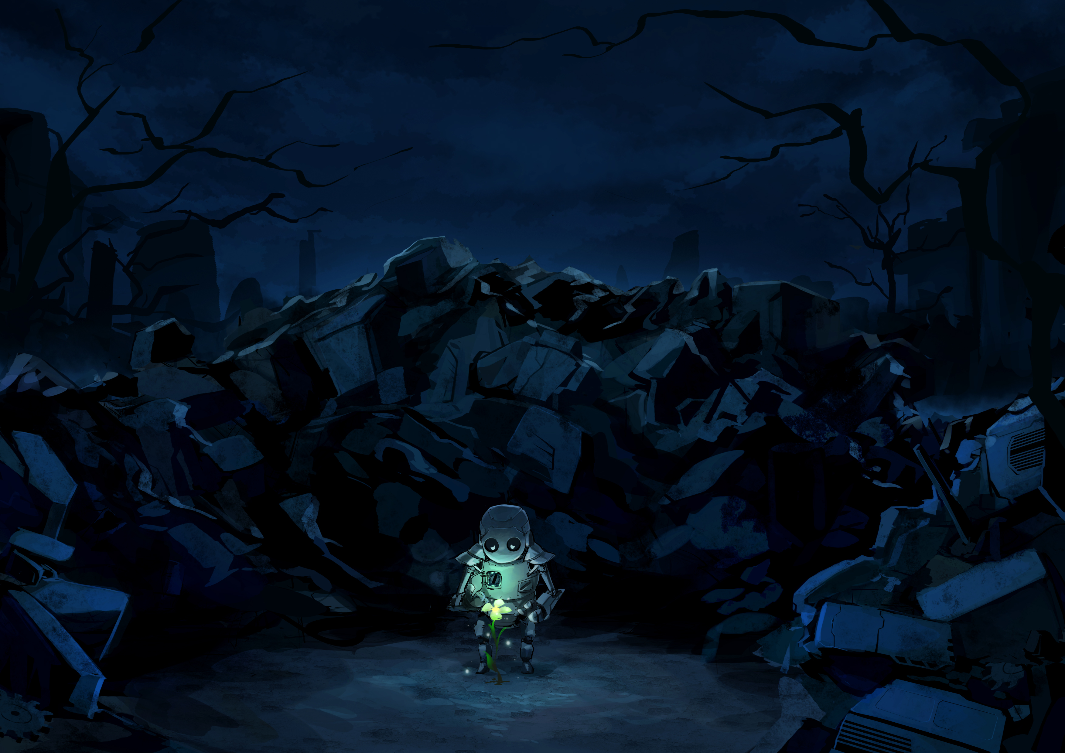 Robot holding a glowing flower in a desolate landscape HD Wallpaper