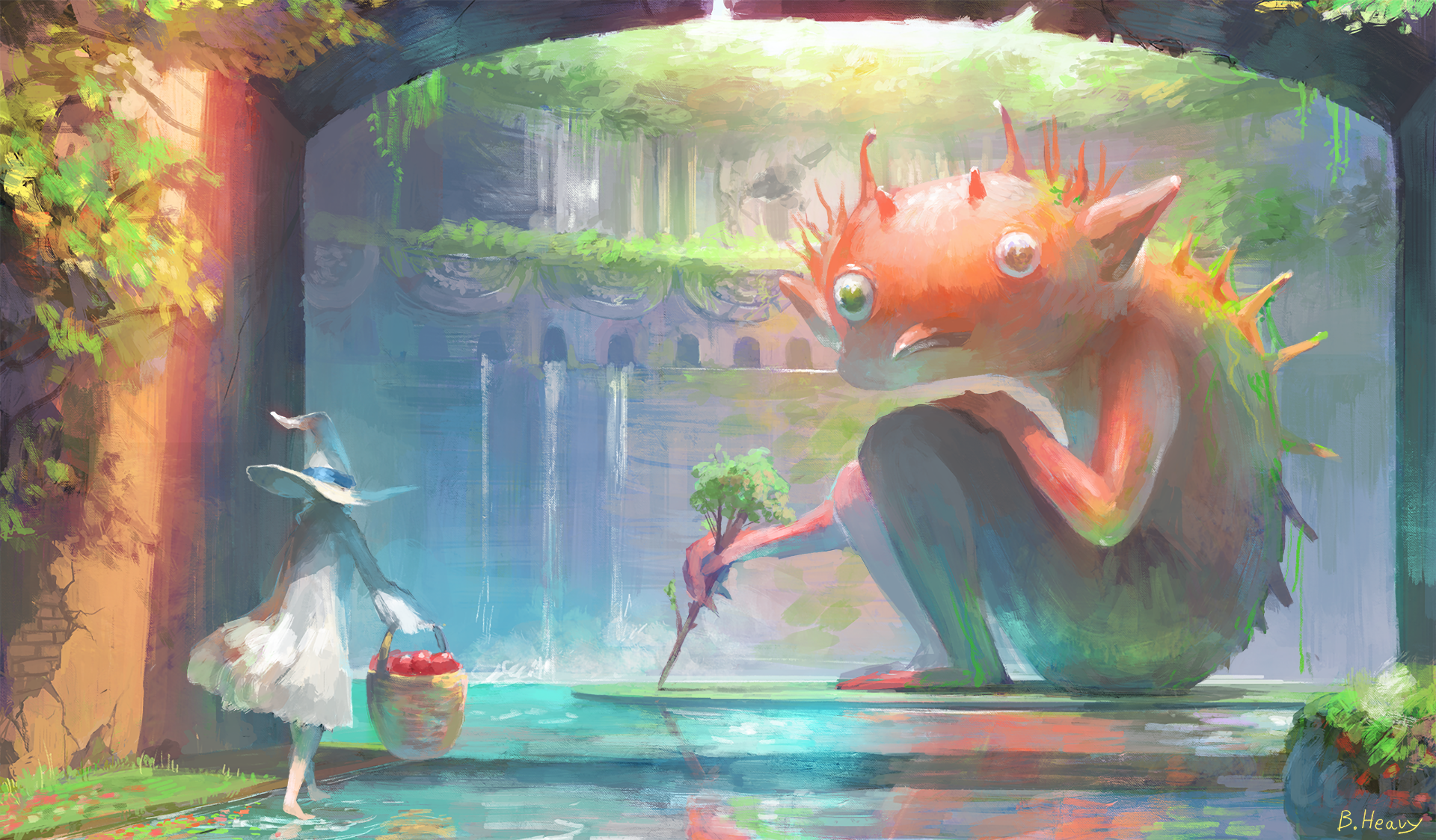 A witch and a creature in a magical garden HD Wallpaper