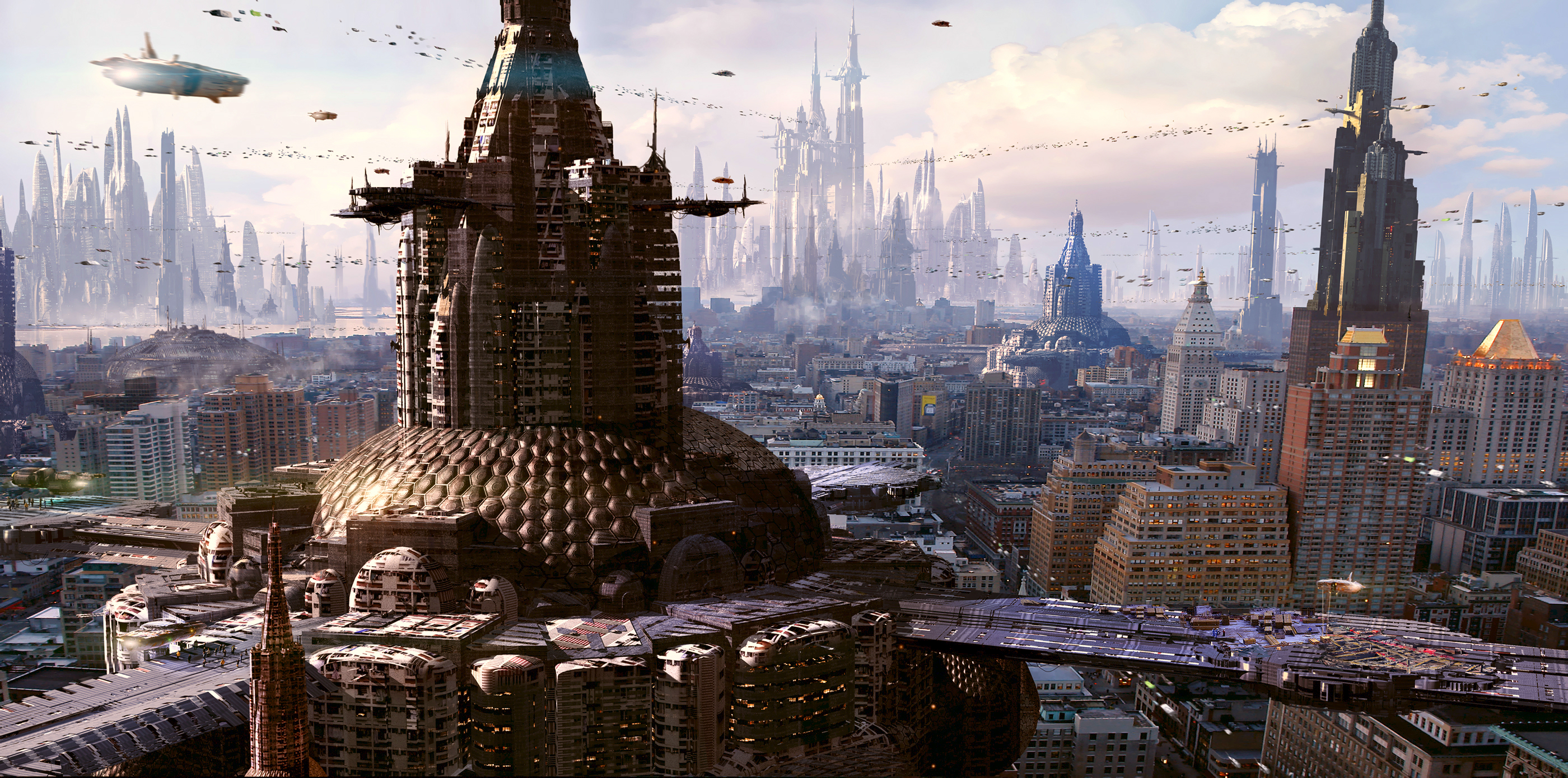 Futuristic Cityscape with Flying Vehicles HD Wallpaper