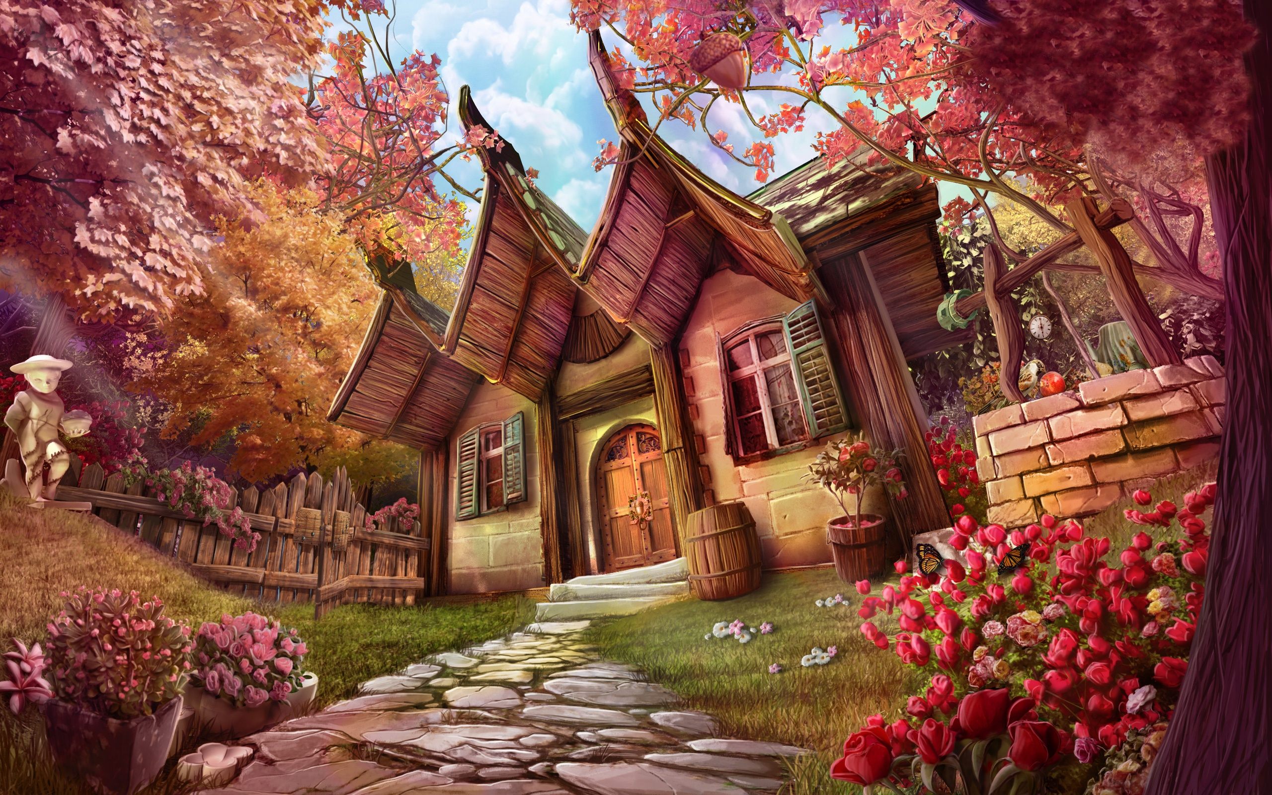 Whimsical Fantasy Cottage Among Blossoming Trees HD Wallpaper