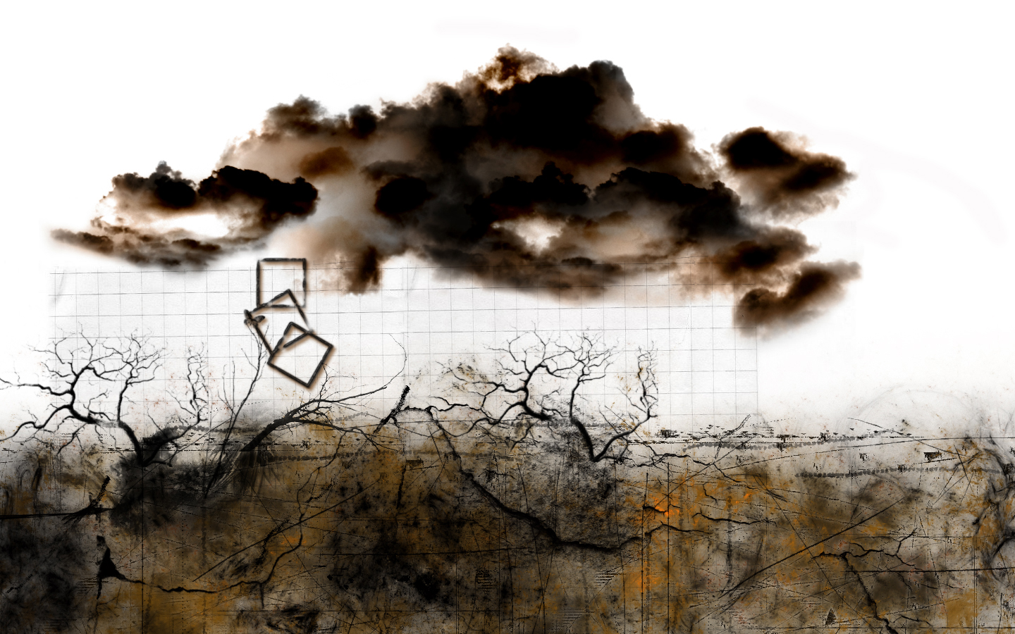 Dark clouds over barren trees and cracked earth HD Wallpaper