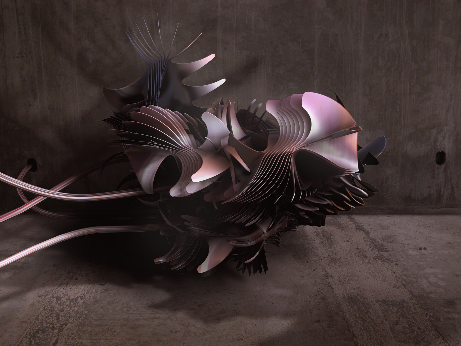 Abstract metallic sculpture with tubes on concrete background HD Wallpaper