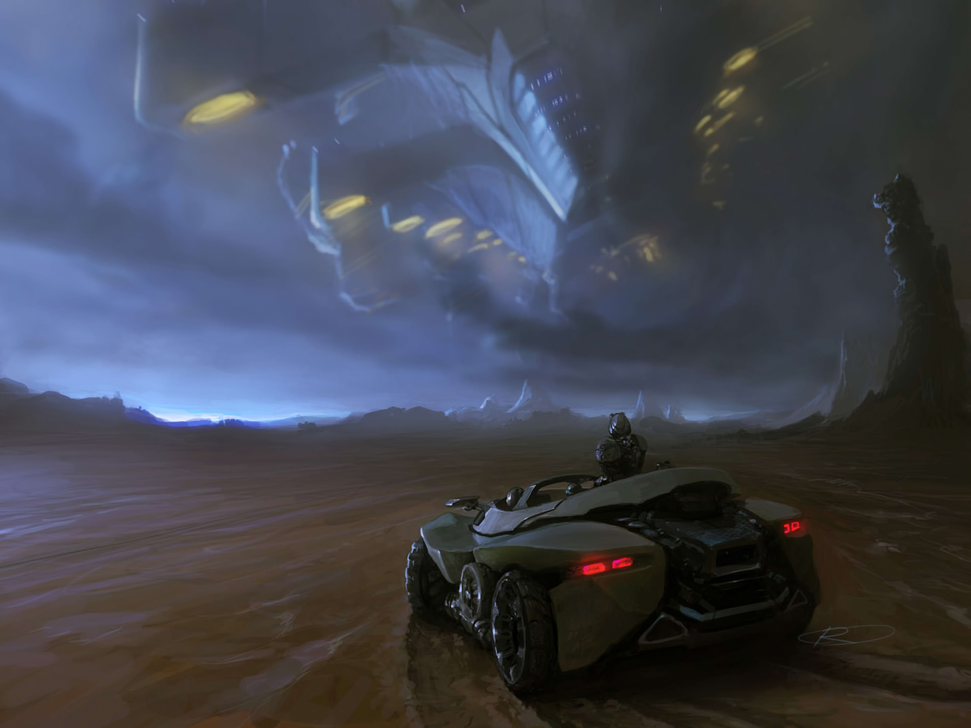 Sci-fi vehicle on alien planet with spacecraft overhead HD Wallpaper