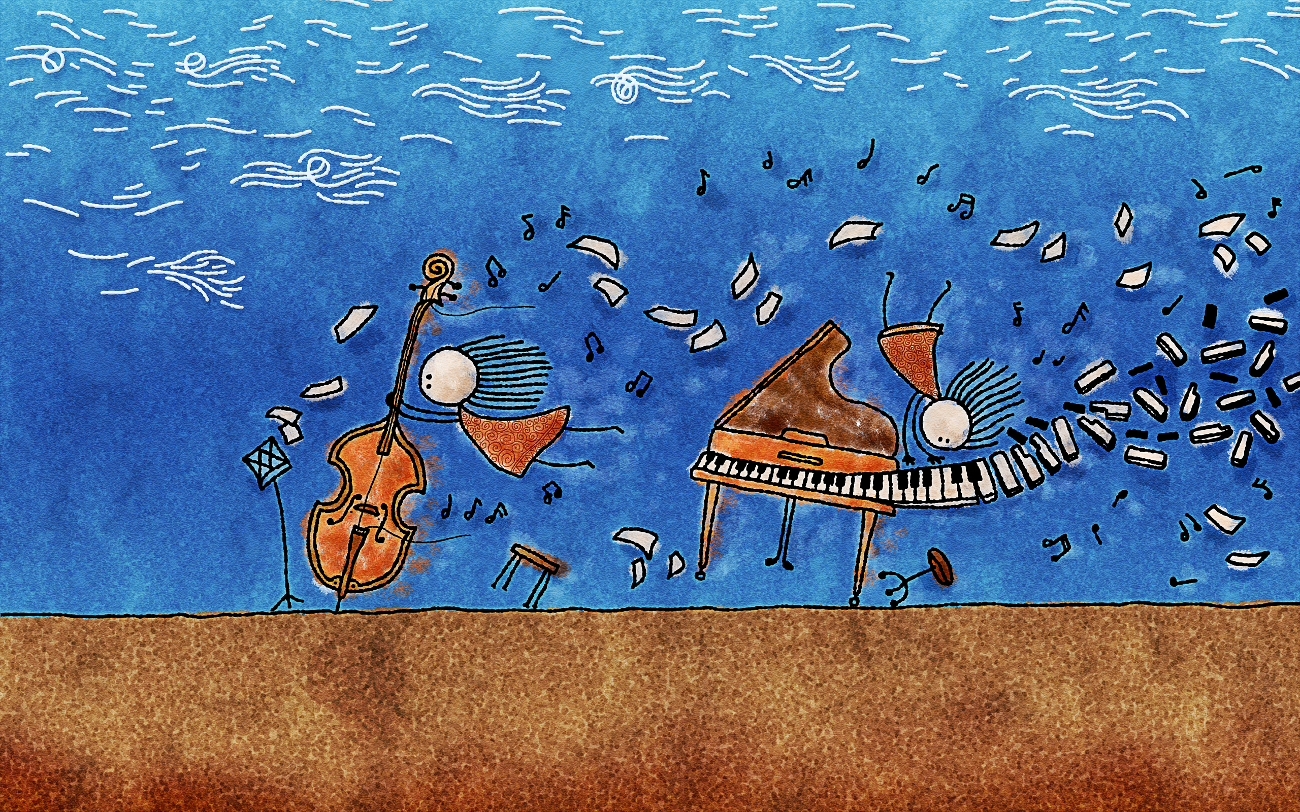 Cartoon musicians playing instruments in a surreal environment HD Wallpaper