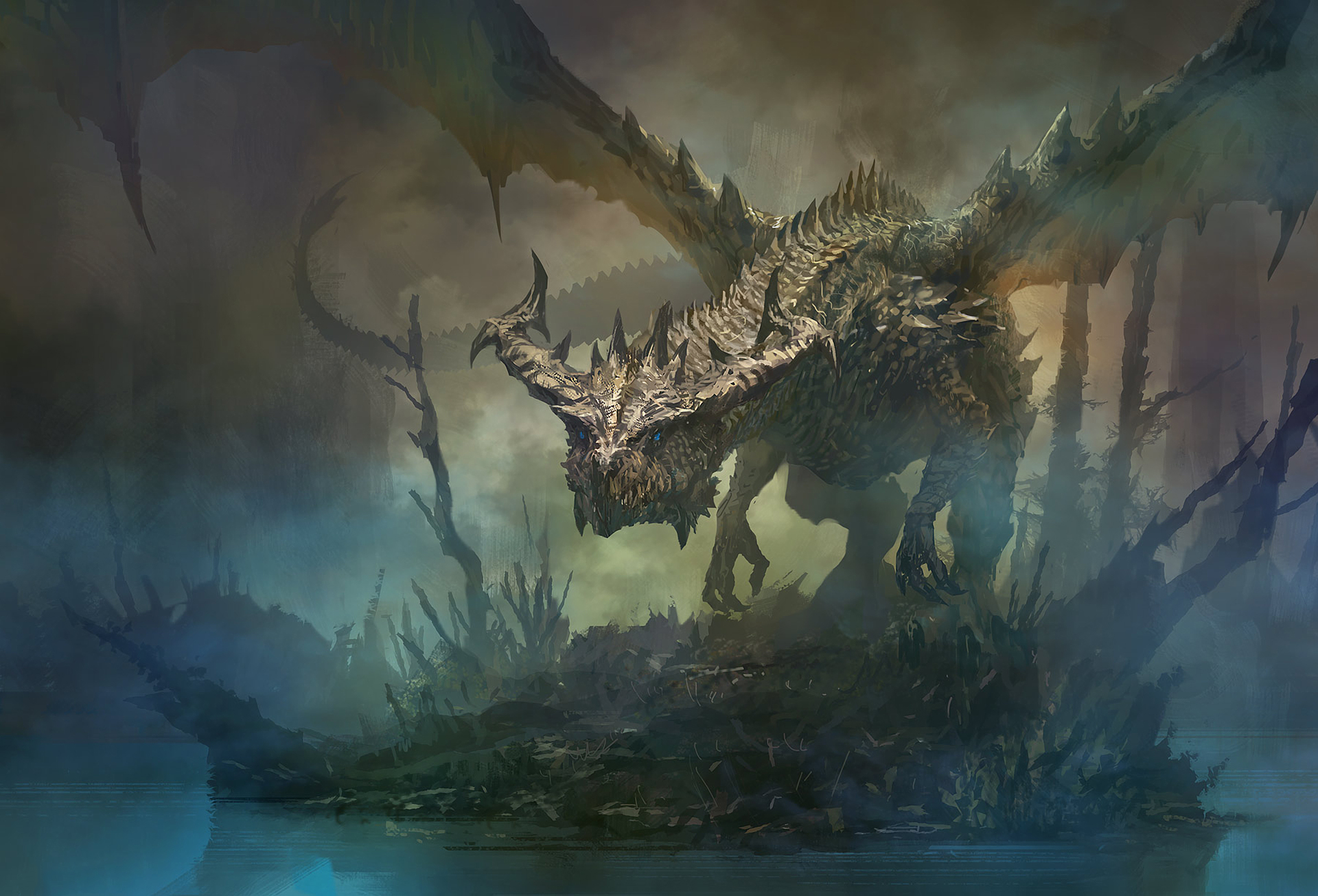 Fantasy Dragon in a Misty Swamp HD Wallpaper