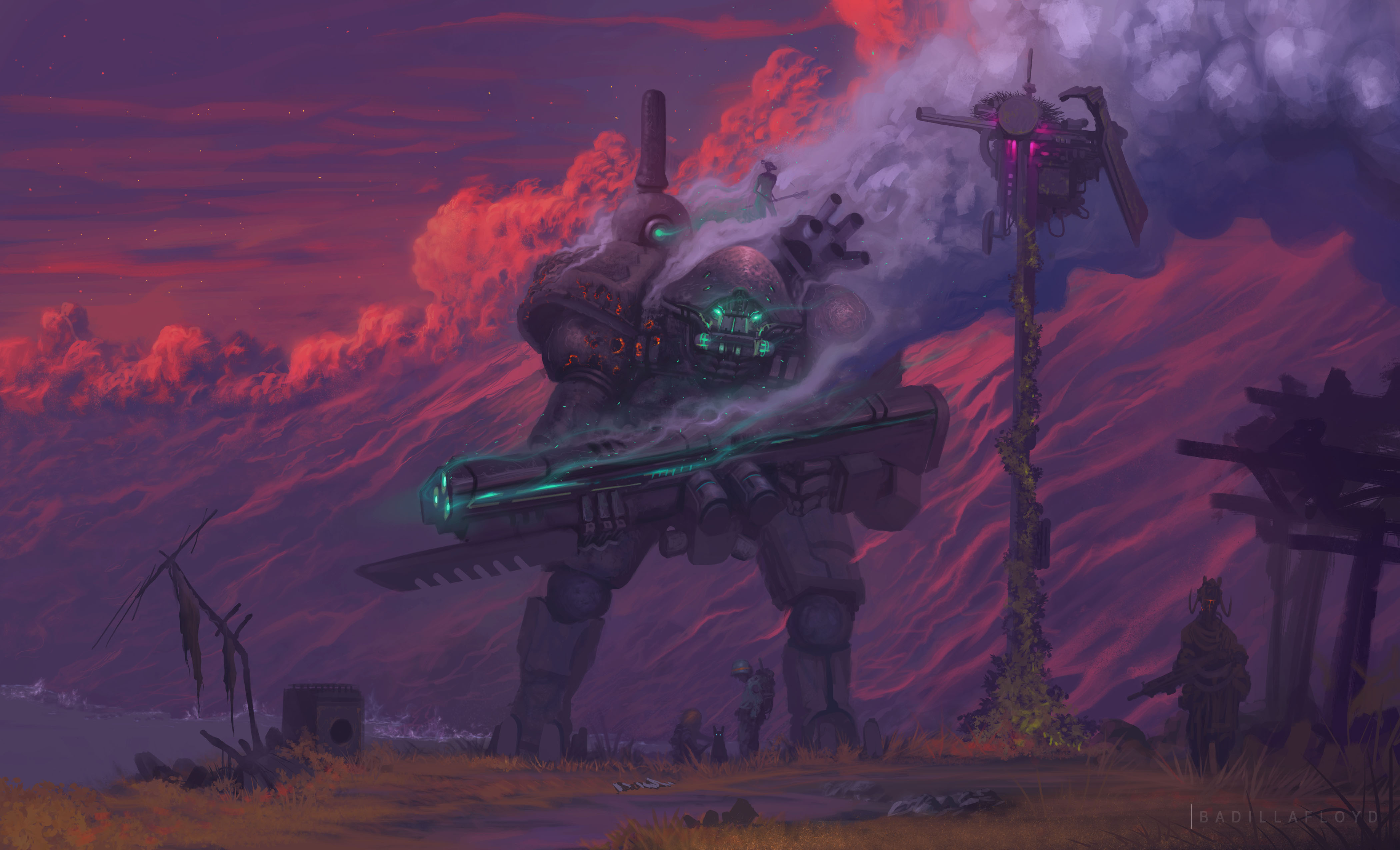 Giant robot with weapon and soldiers at sunset HD Wallpaper