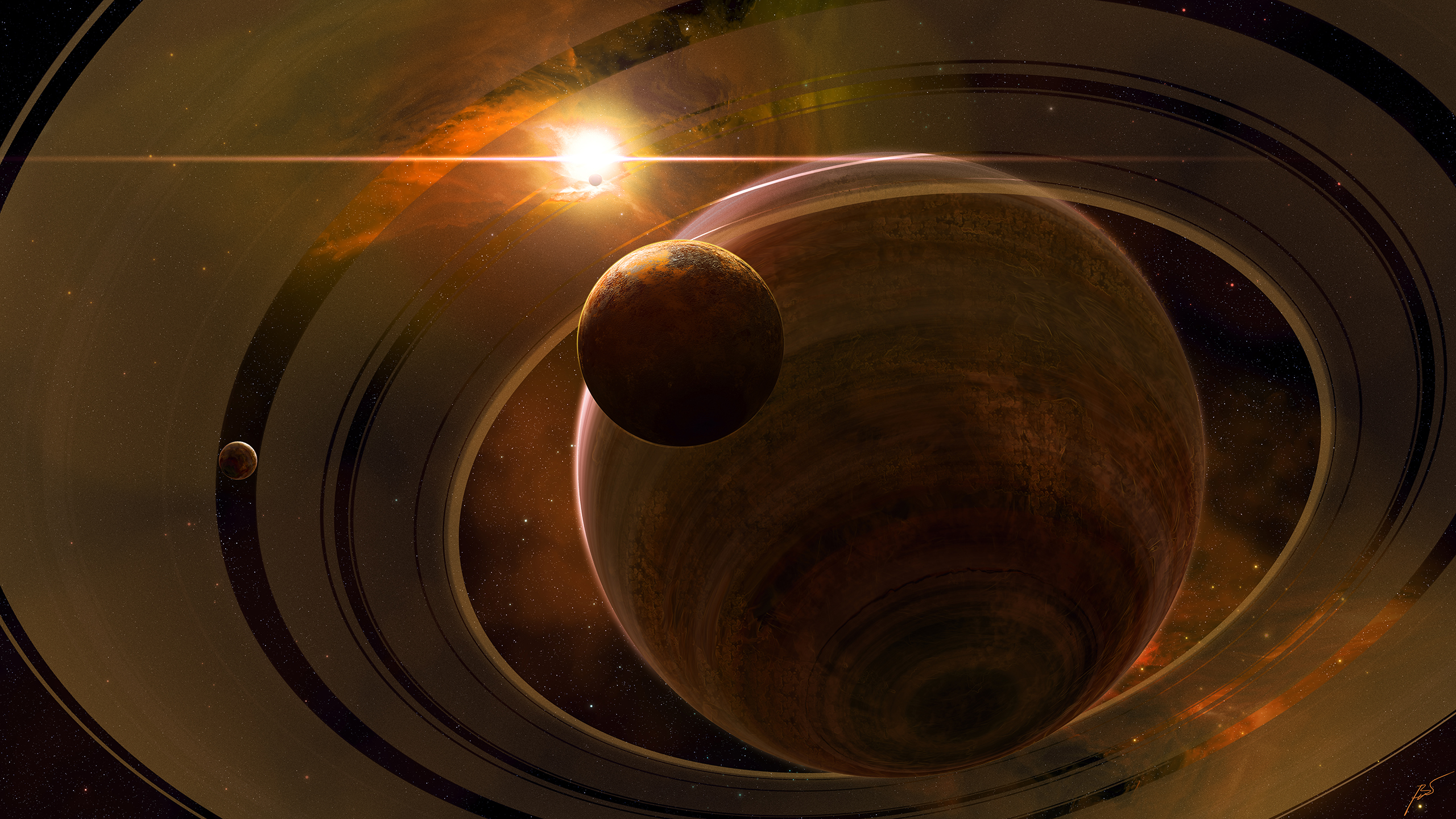 Planet with rings and moons in space HD Wallpaper