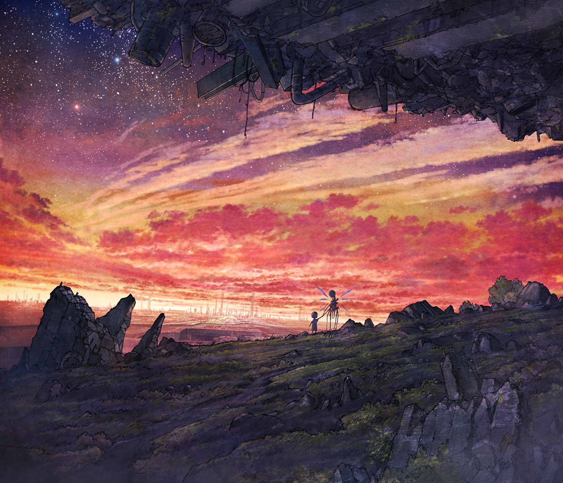 Girl and robot under a ruined structure at sunset HD Wallpaper