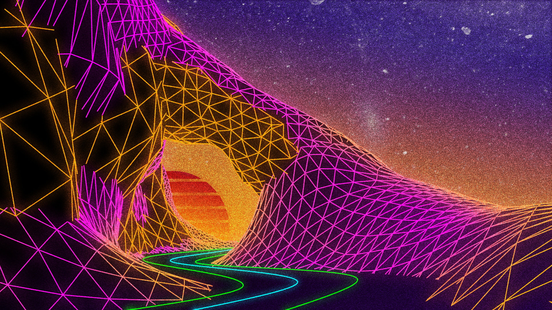 Retro Wave Neon Landscape with Sun and Stars HD Wallpaper