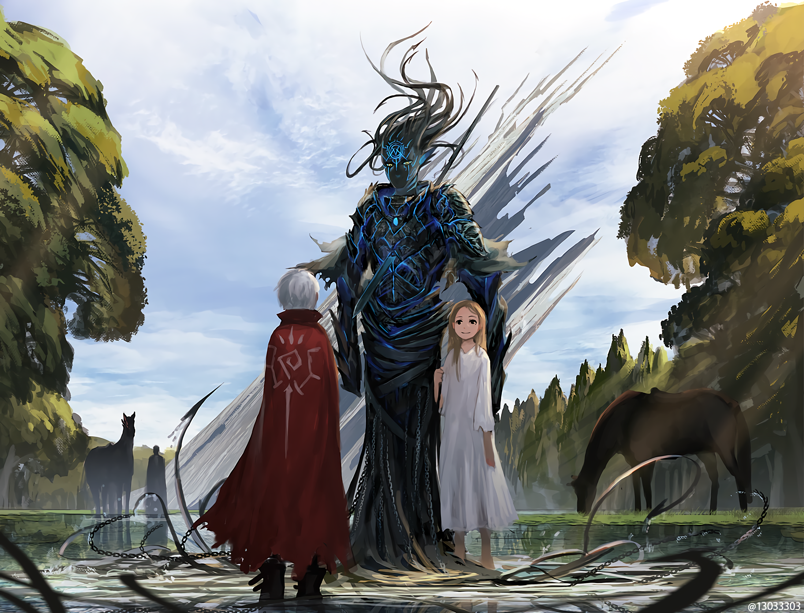 Giant creature with children and horses in a forest HD Wallpaper