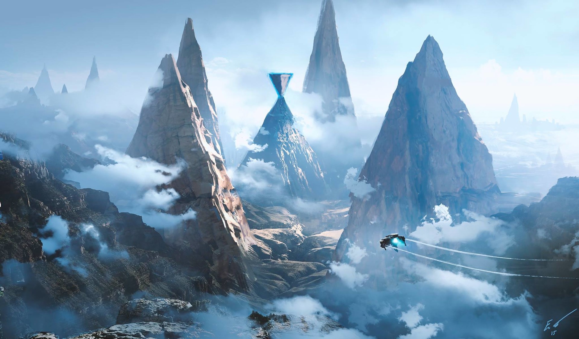 Futuristic vehicle flying through alien mountains with clouds HD Wallpaper
