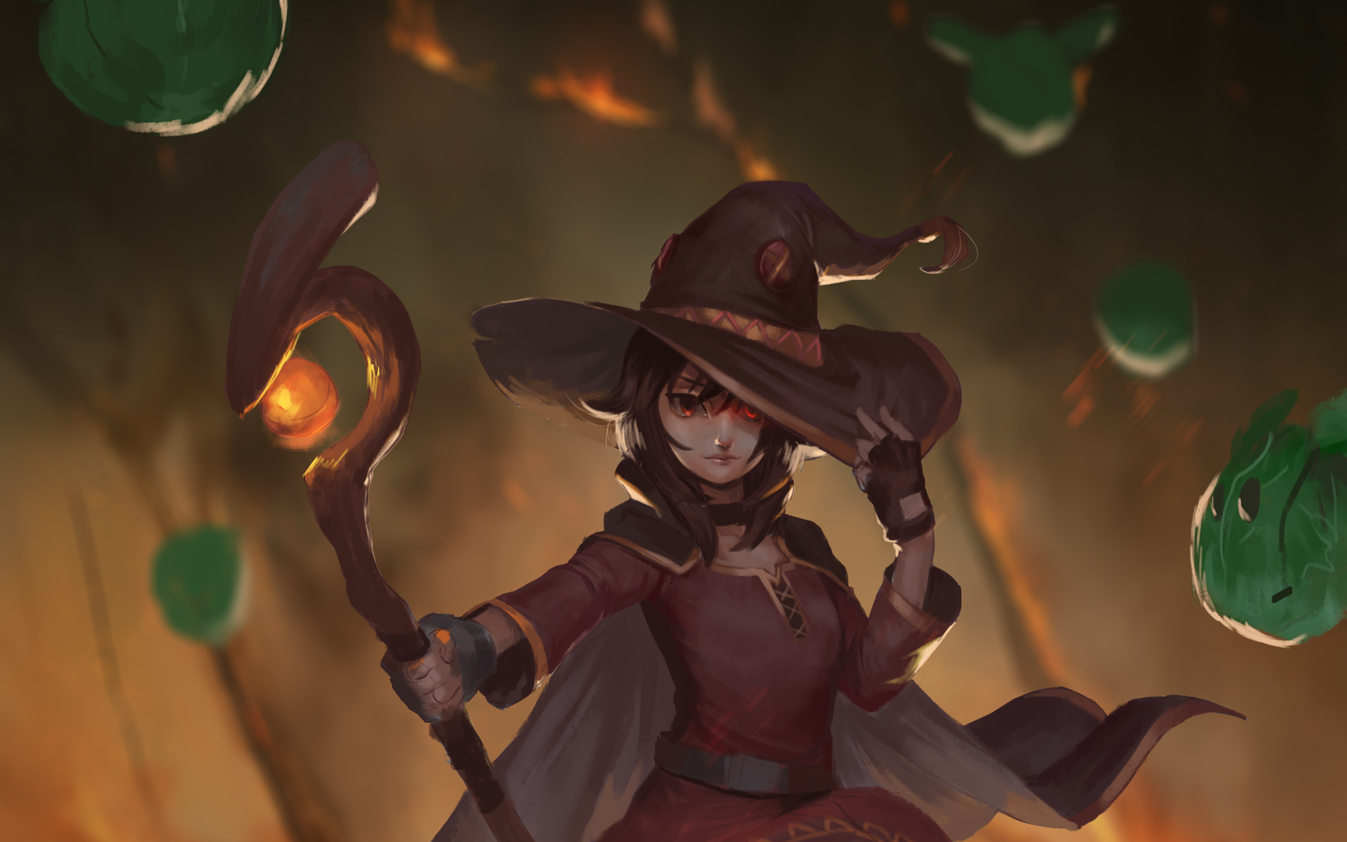Megumin from KonoSuba with staff and exploding orbs HD Wallpaper
