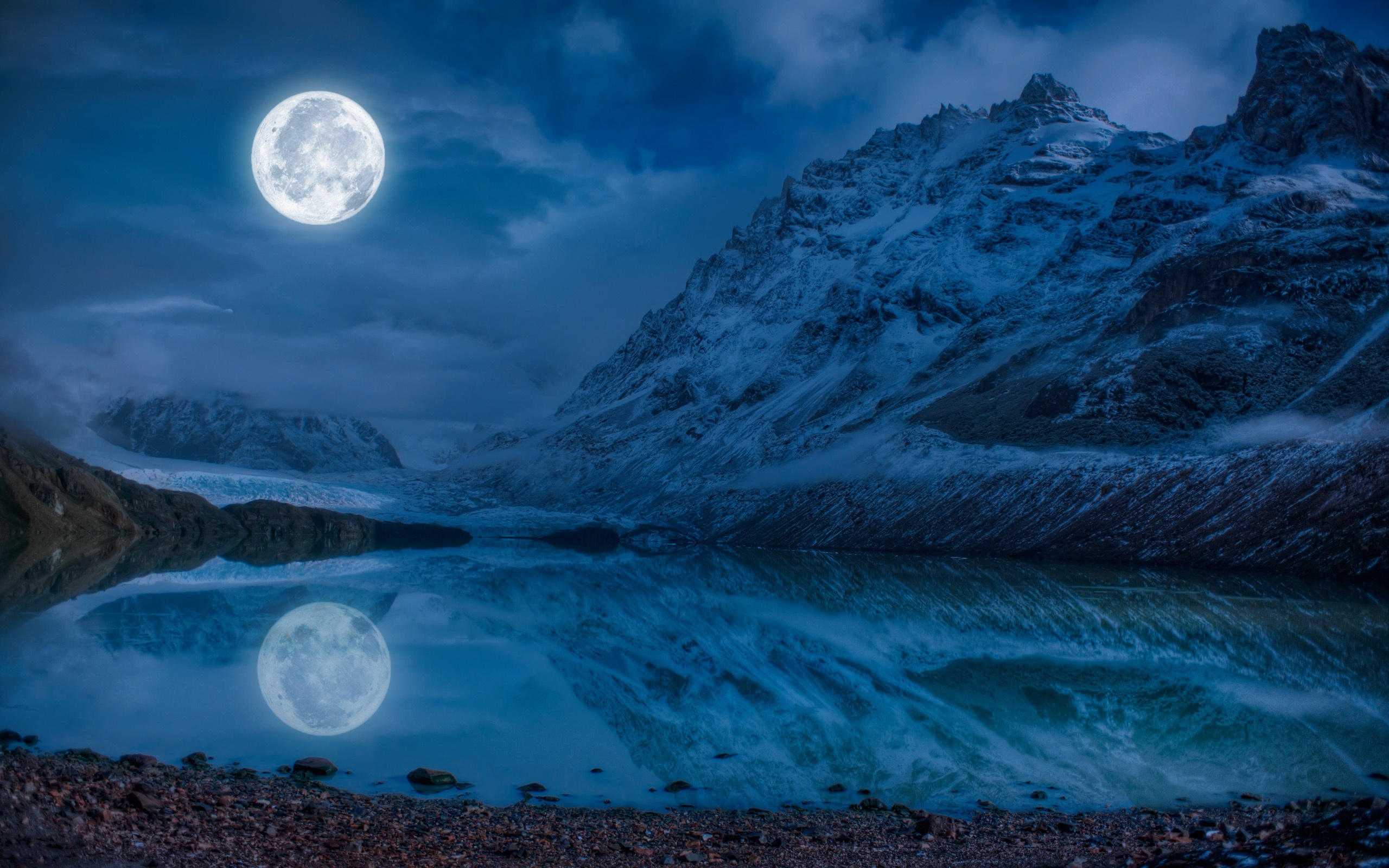 Full moon over a snowy mountain lake reflection HD Wallpaper