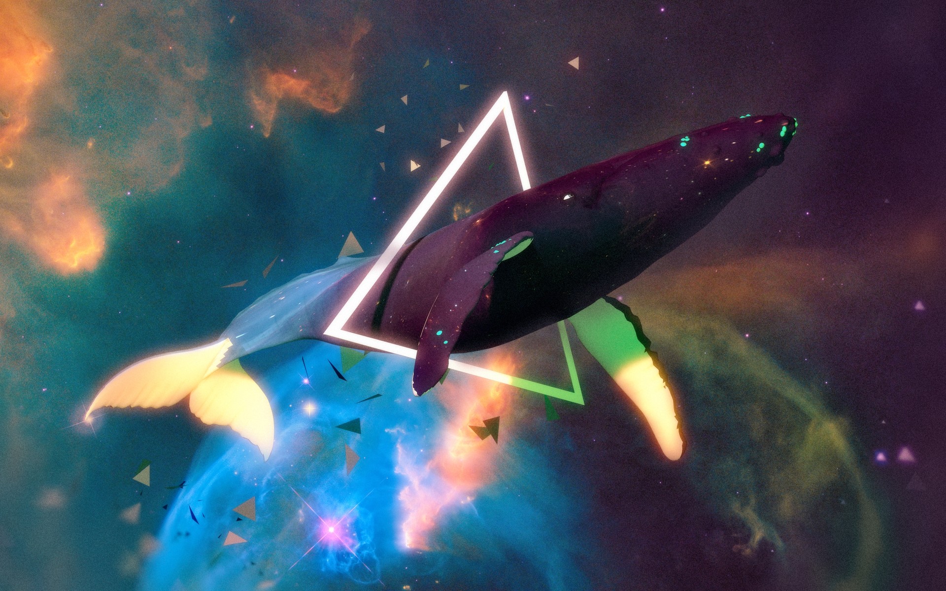 Whale swimming through space with geometric shapes HD Wallpaper