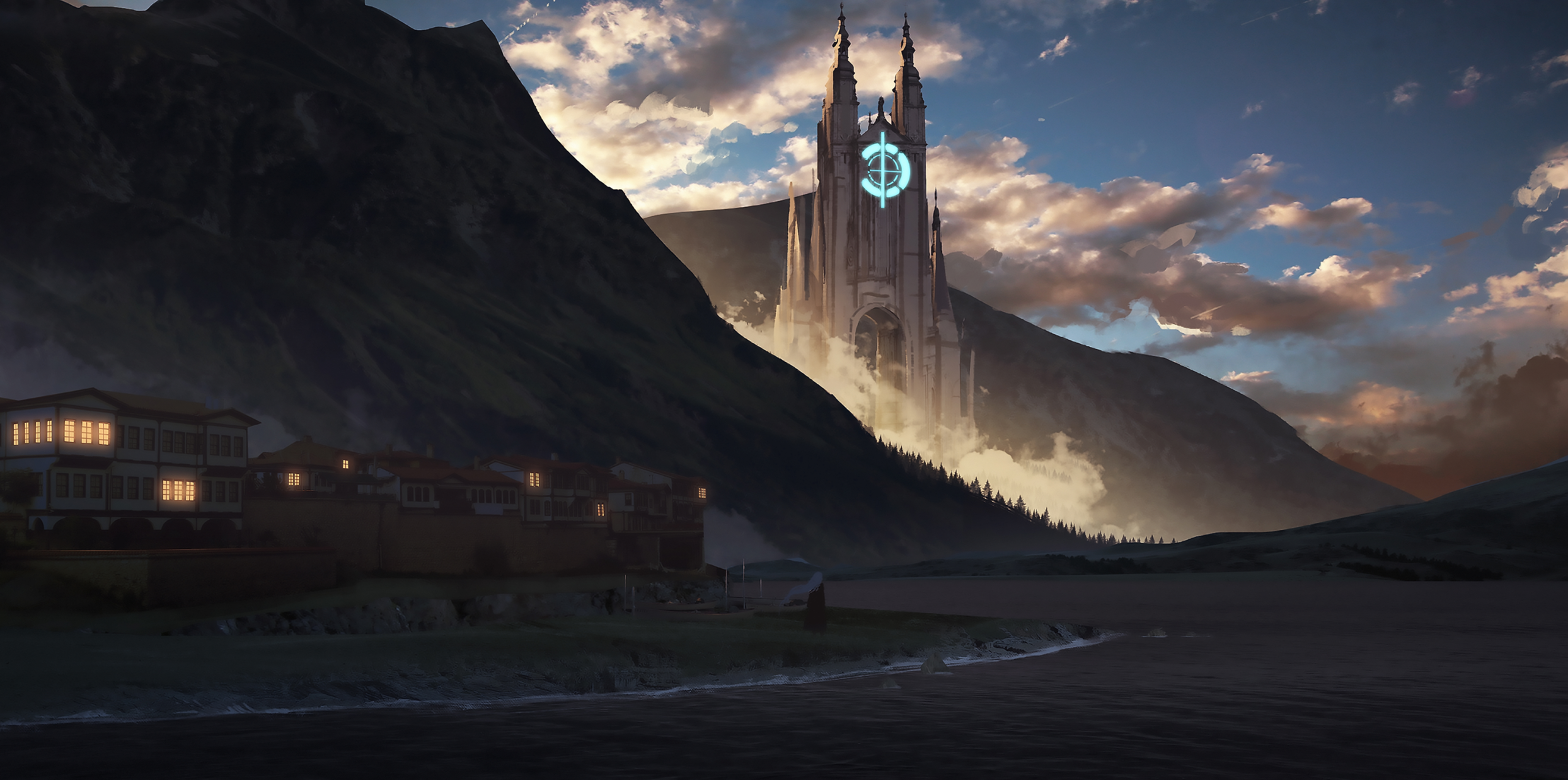 Castle on a Mountain by a Lake HD Wallpaper
