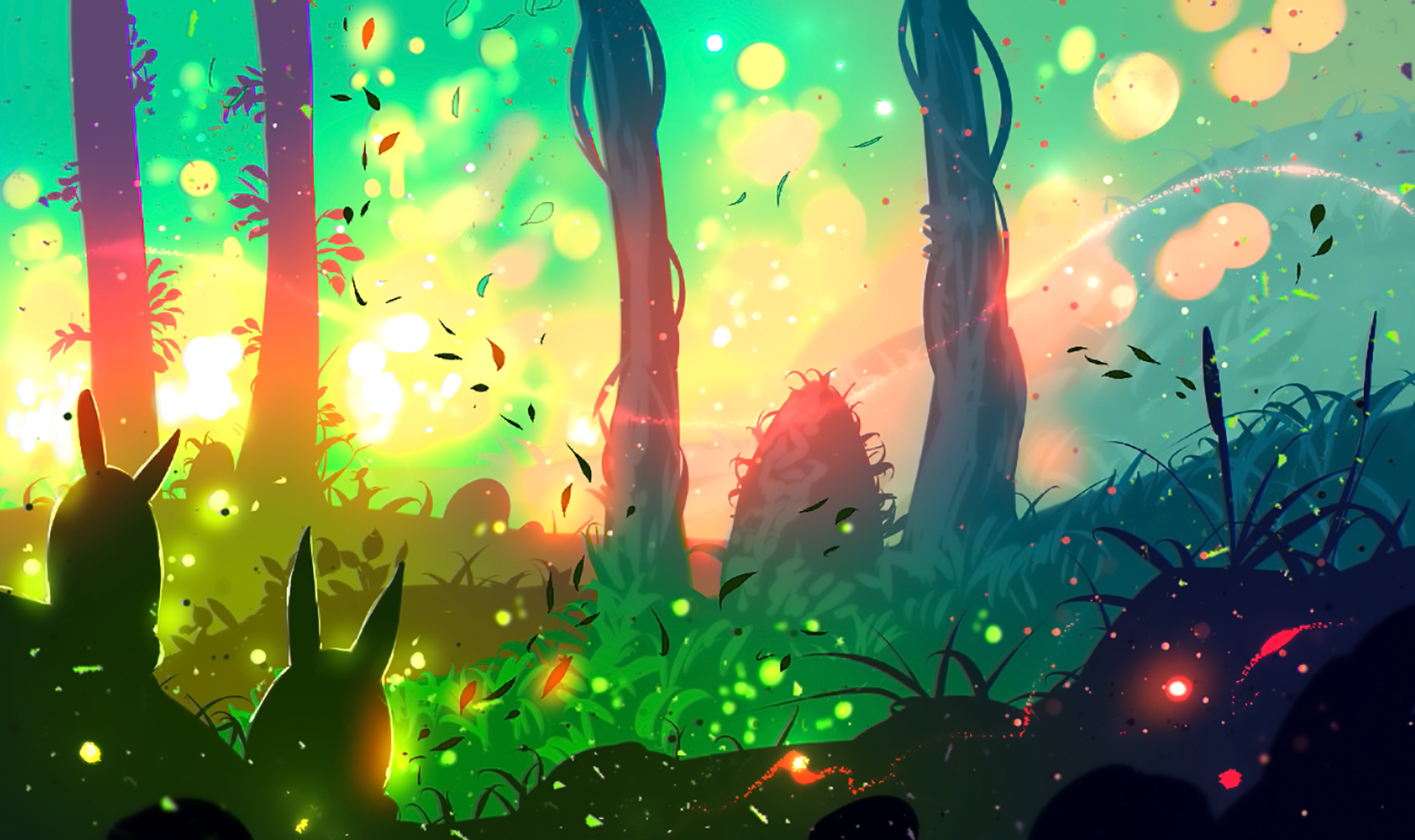 Fantasy forest with bunnies at sunset HD Wallpaper
