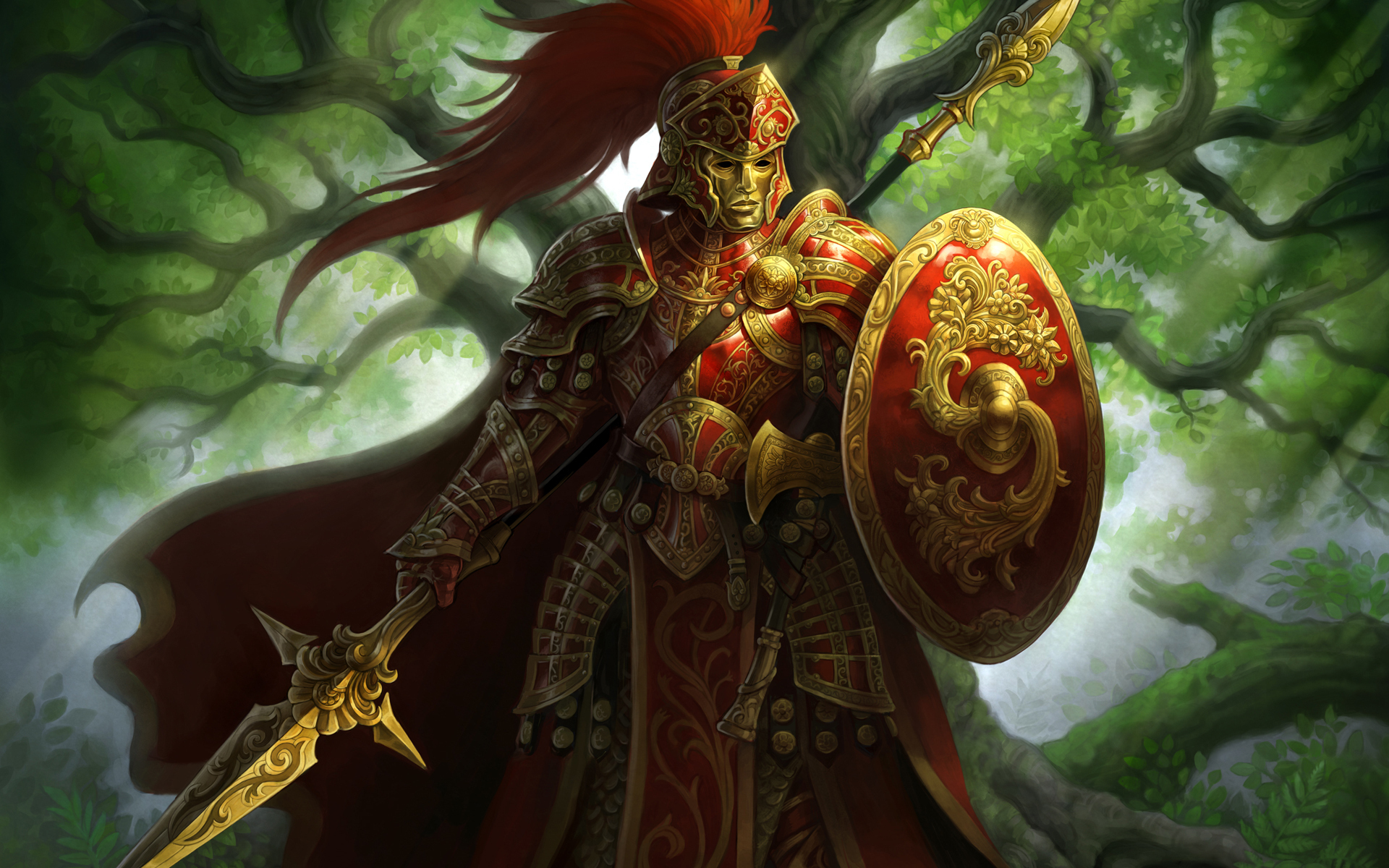Fantasy Warrior in Red and Gold Armor with Spear and Shield HD Wallpaper