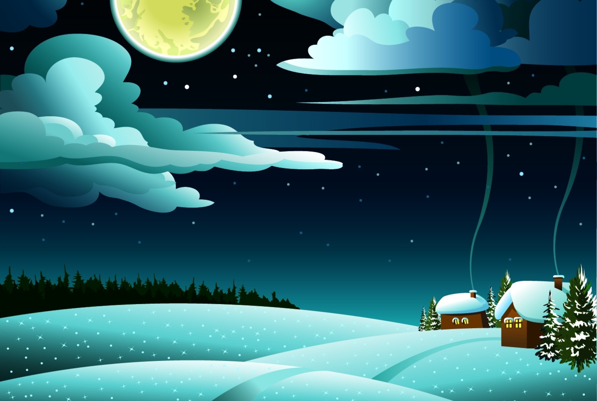 Winter night landscape with houses and moon HD Wallpaper