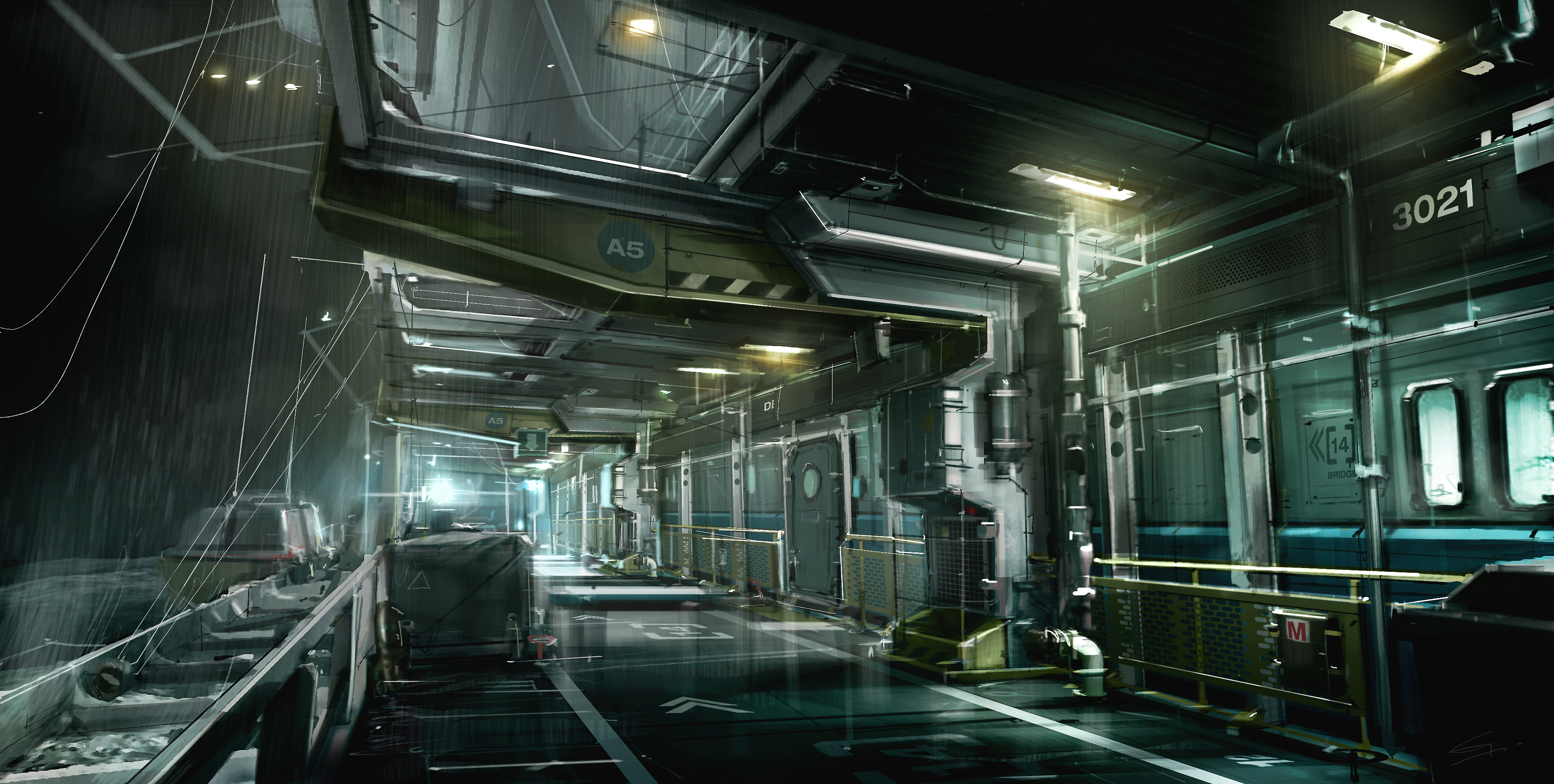 Sci-fi industrial corridor with rain HD Wallpaper