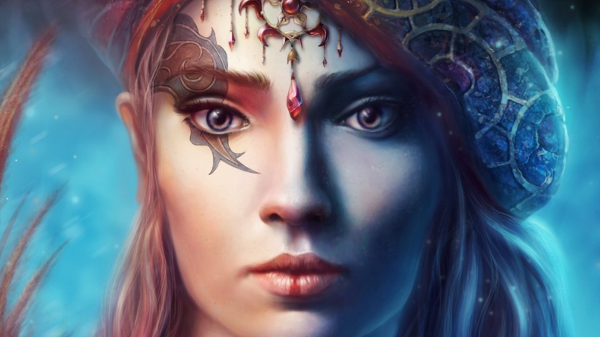 Fantasy Woman with Dual-Colored Face and Ornate Headdress HD Wallpaper