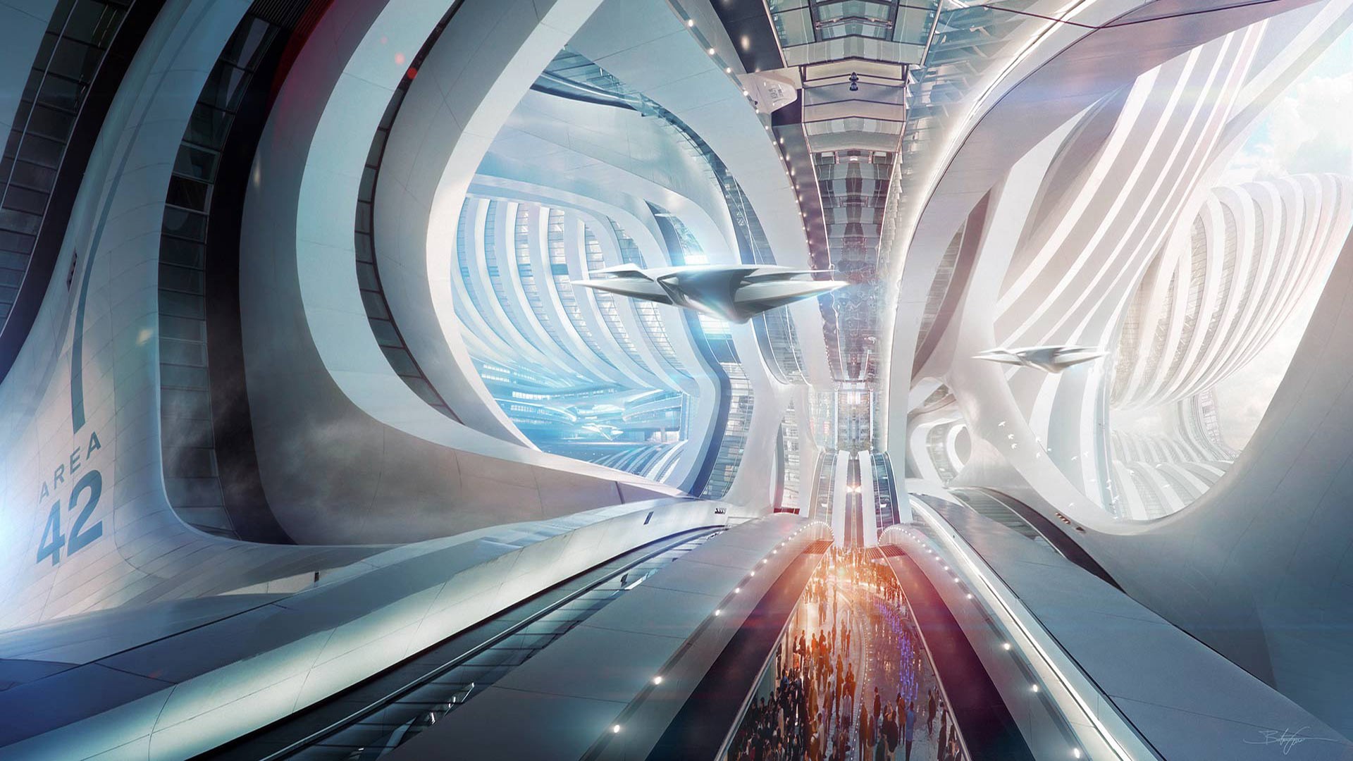 Futuristic Sci-Fi Cityscape with Flying Vehicles HD Wallpaper