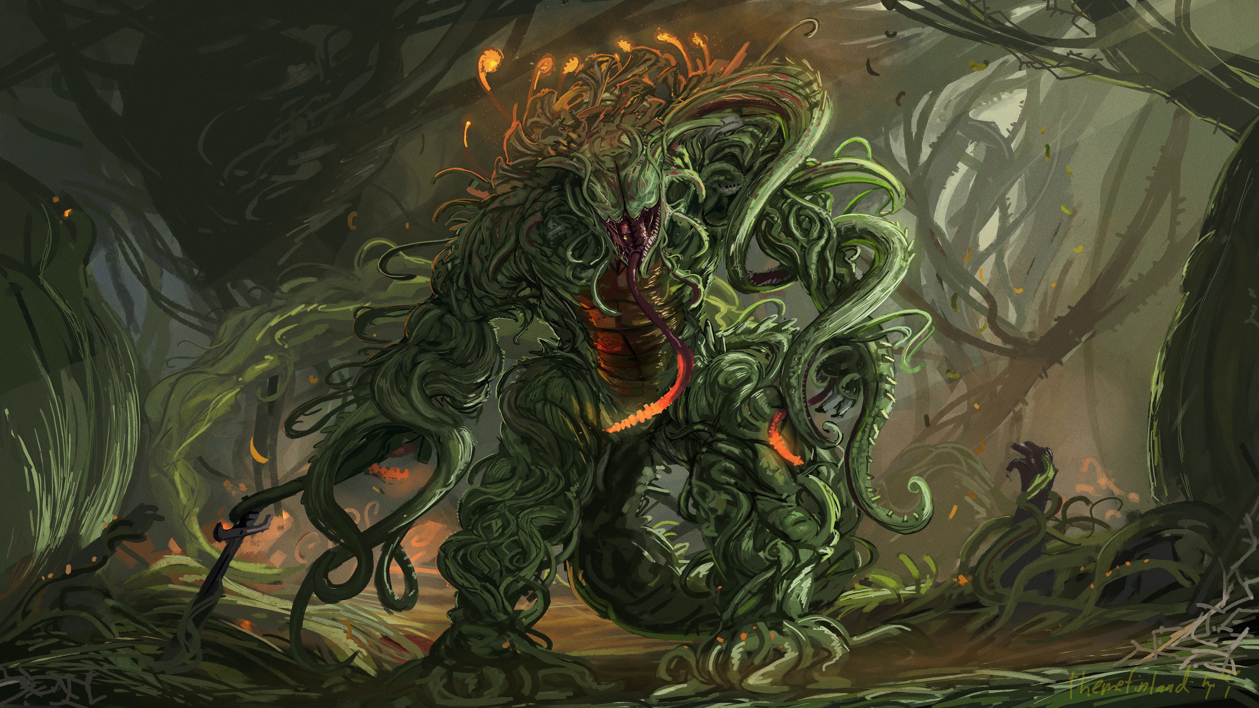 Creature made of vines in a dark forest HD Wallpaper