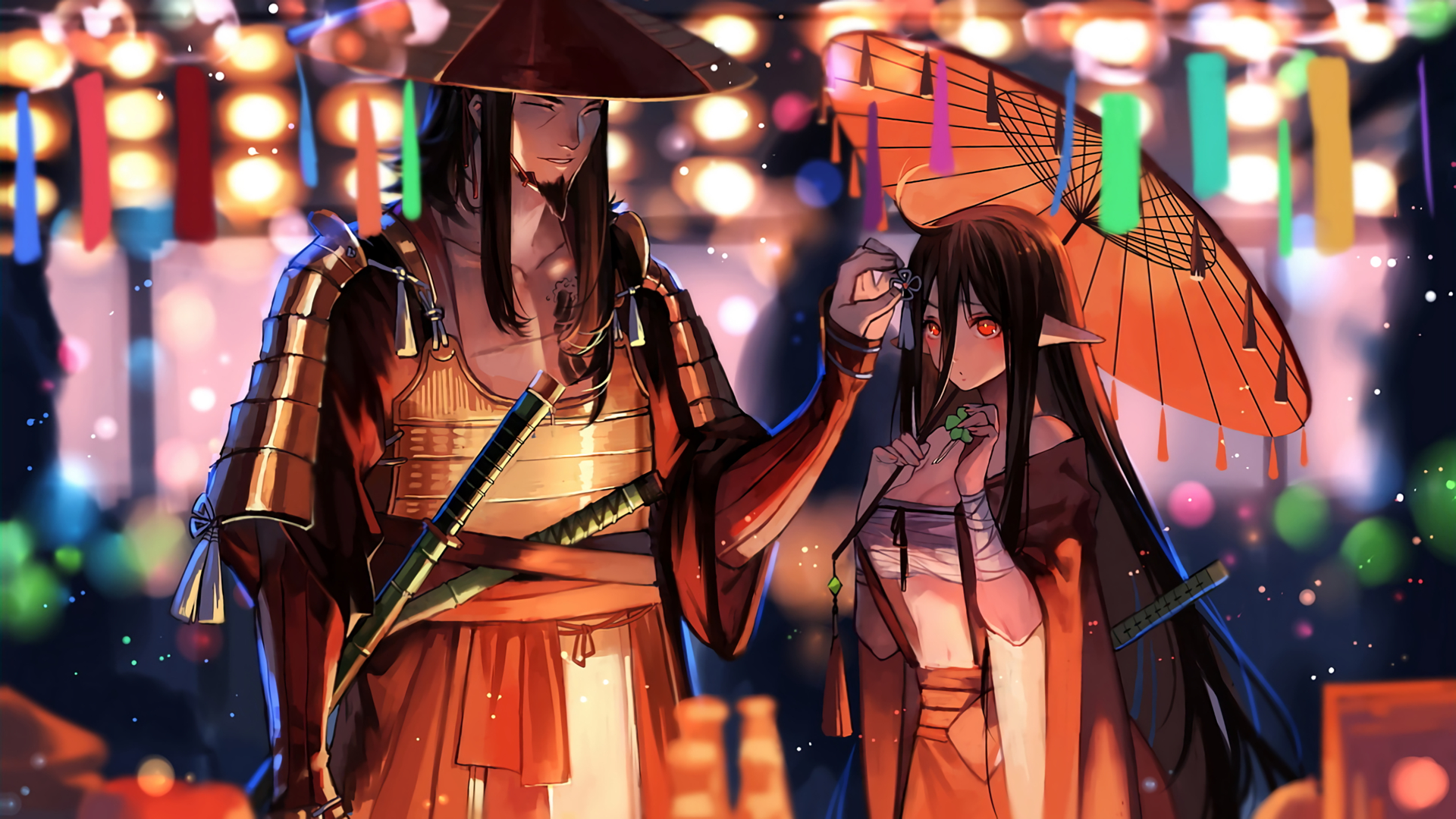 Samurai and Elf Girl with Lanterns HD Wallpaper