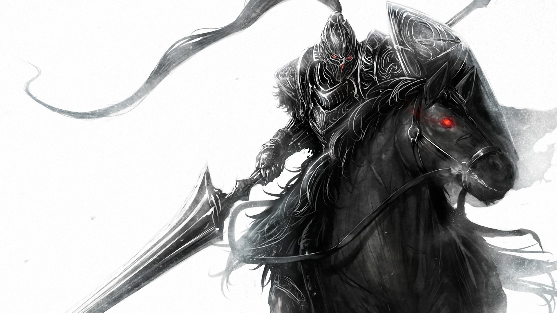 Fantasy Knight on Black Horse with Red Eyes HD Wallpaper