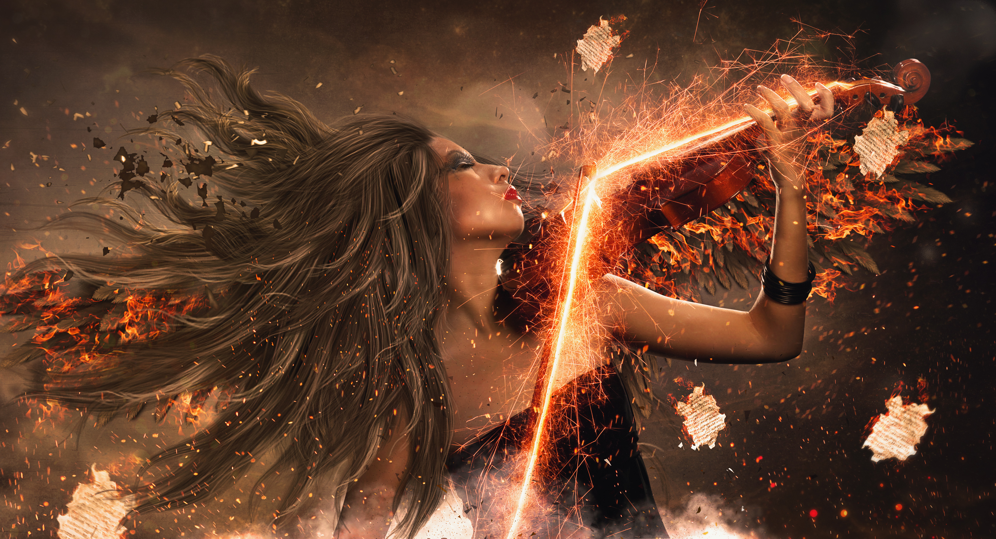 Woman playing violin with fire and sparks HD Wallpaper