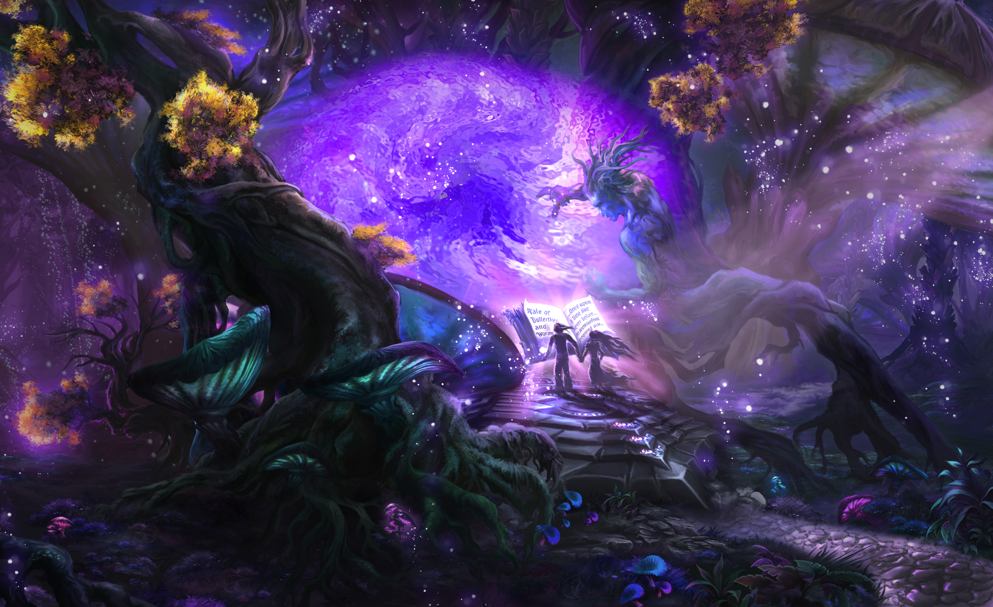 Fantasy forest with a purple portal and two figures HD Wallpaper