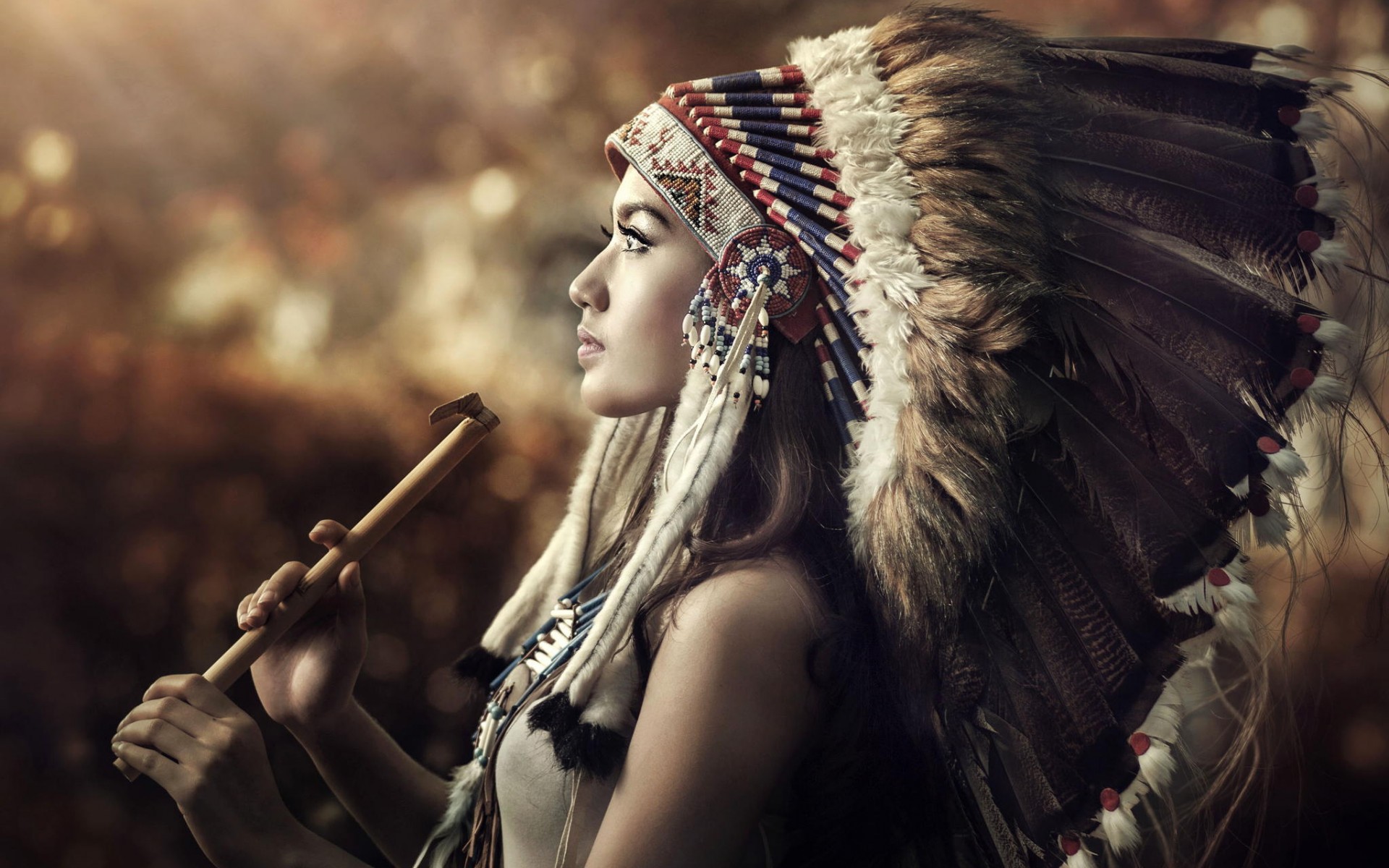 Woman in Native American Headdress Playing Flute HD Wallpaper
