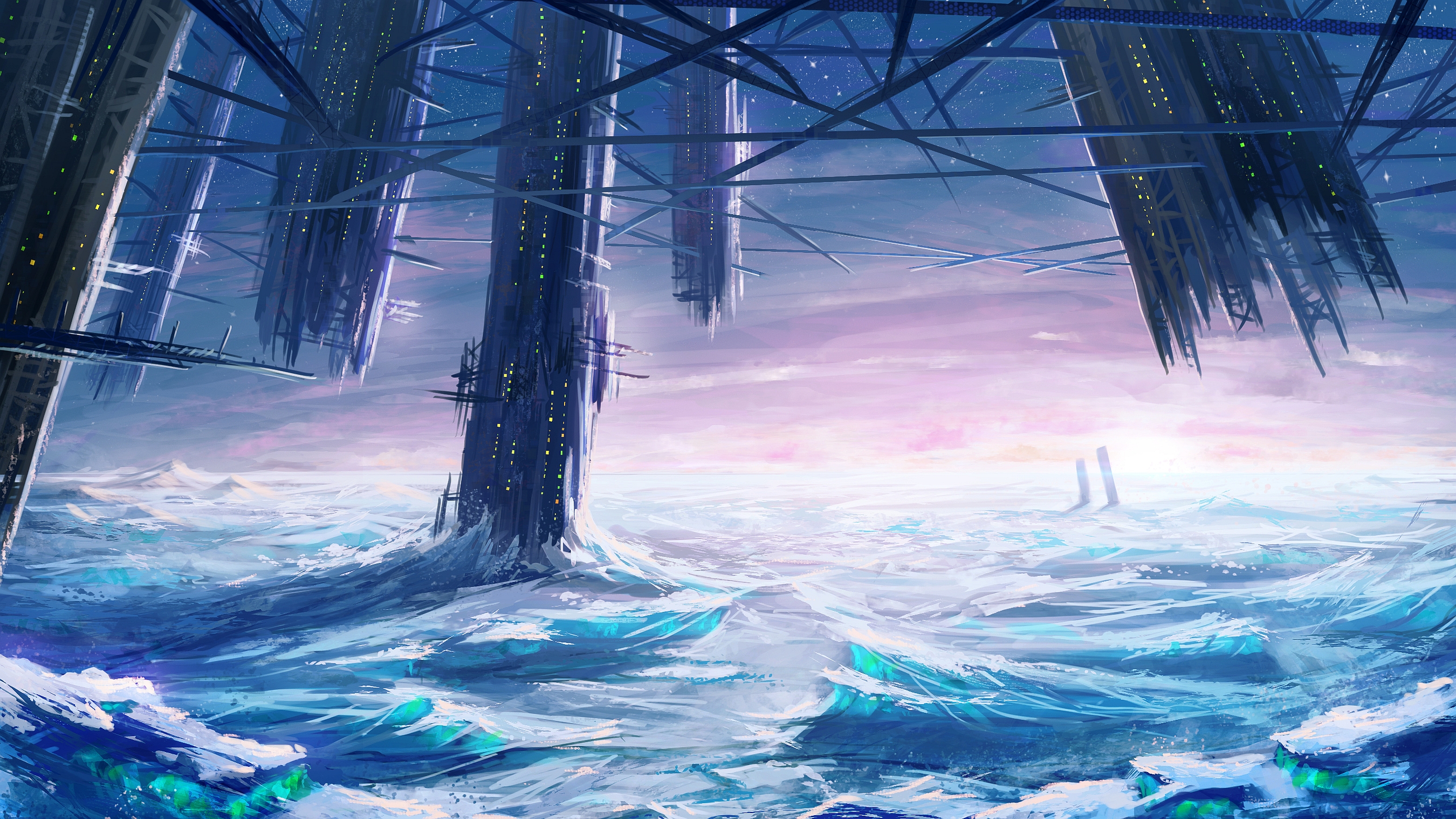 Sci-Fi structures over a stormy ocean landscape HD Wallpaper