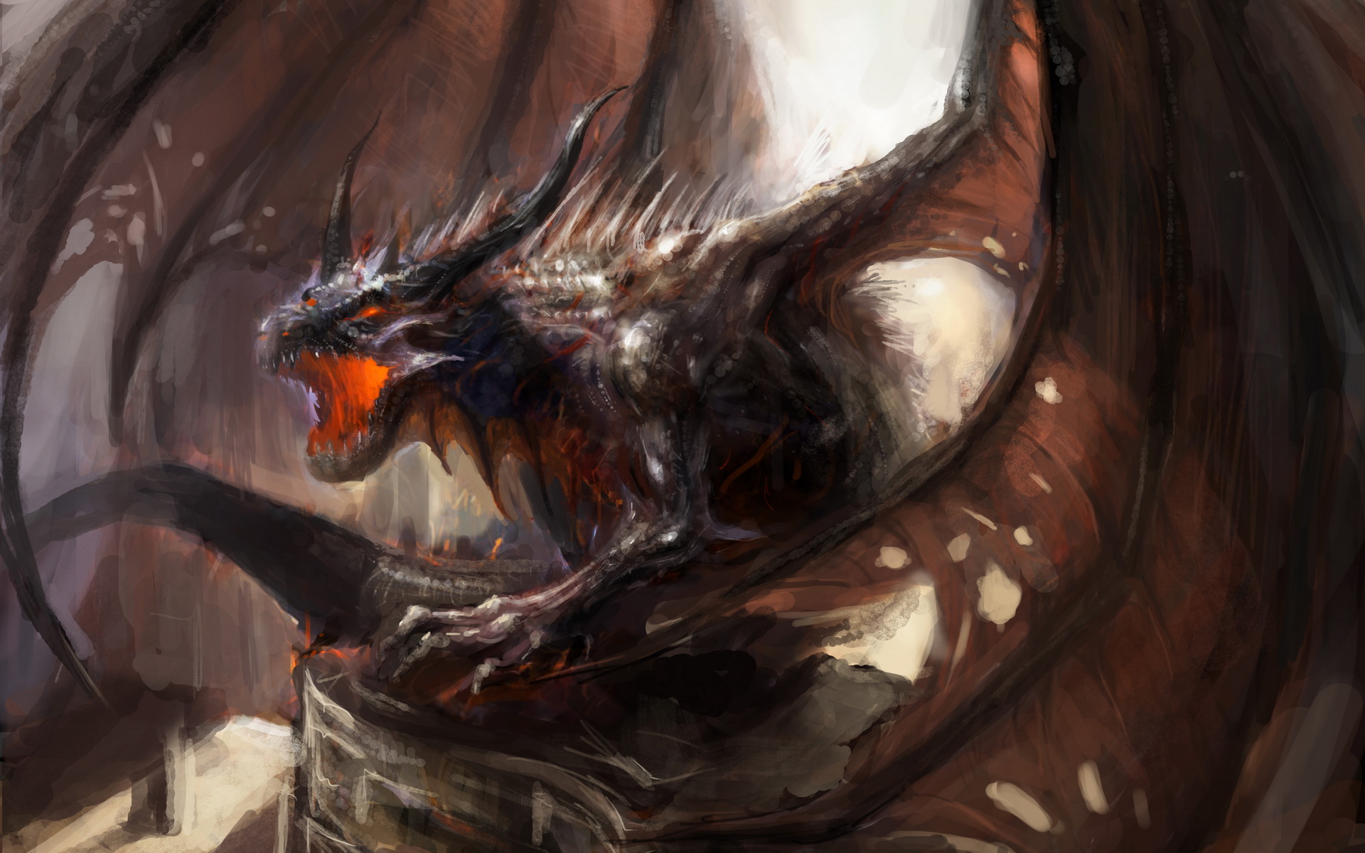 A dark fantasy dragon breathing fire HD Wallpaper