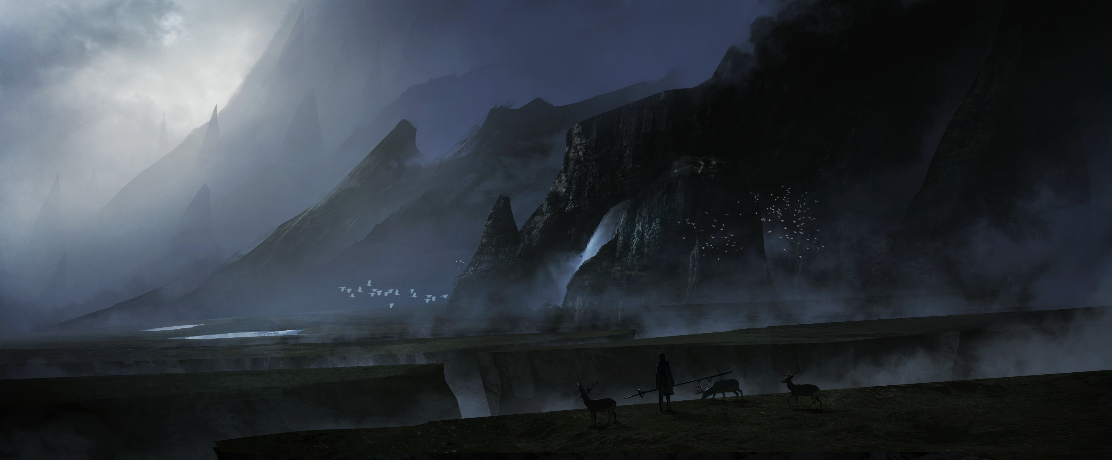 Fantasy landscape with mountains, mist, and deer HD Wallpaper
