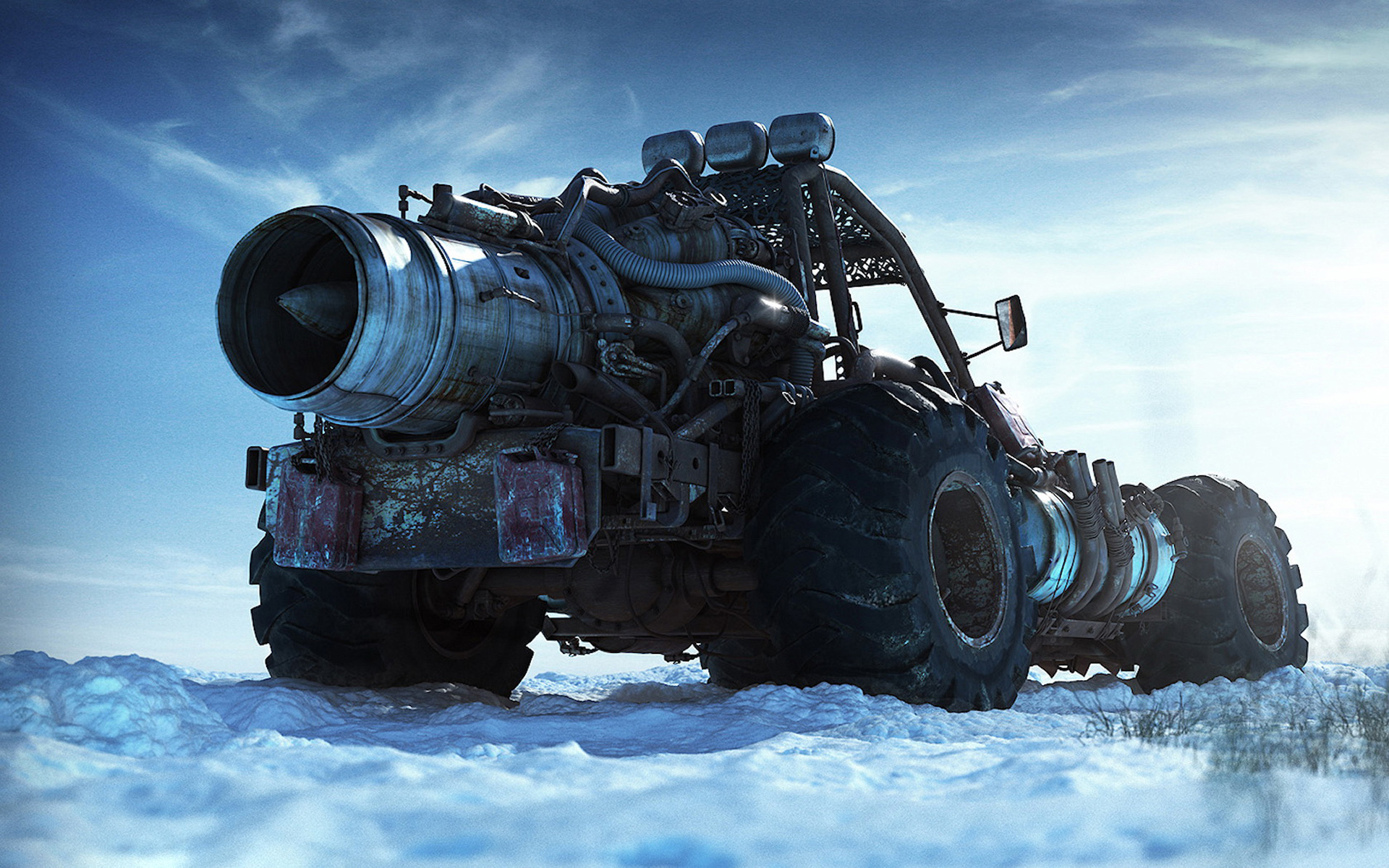 Custom vehicle with jet engine in snowy landscape HD Wallpaper