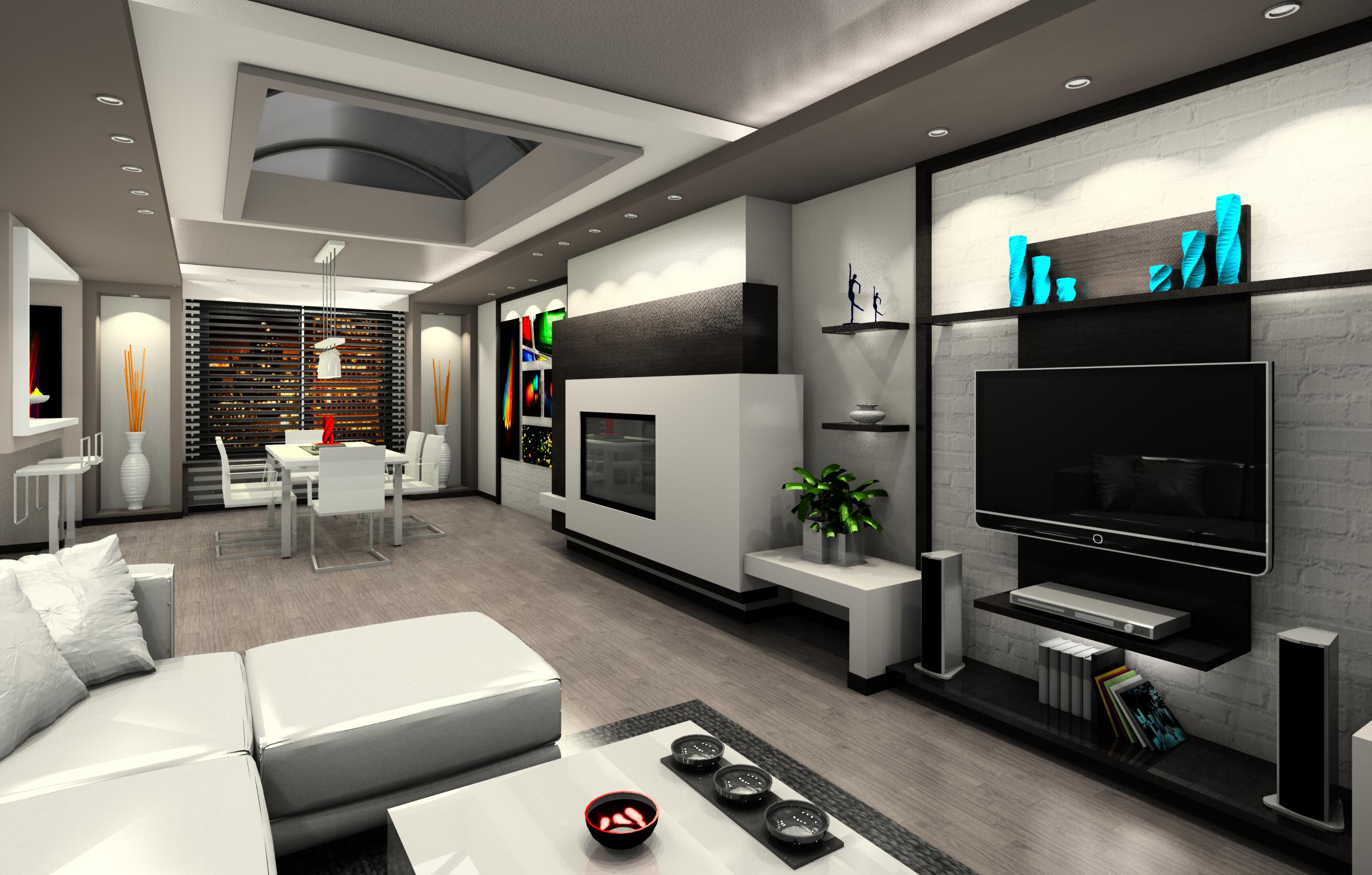 Modern Living Room and Dining Area HD Wallpaper