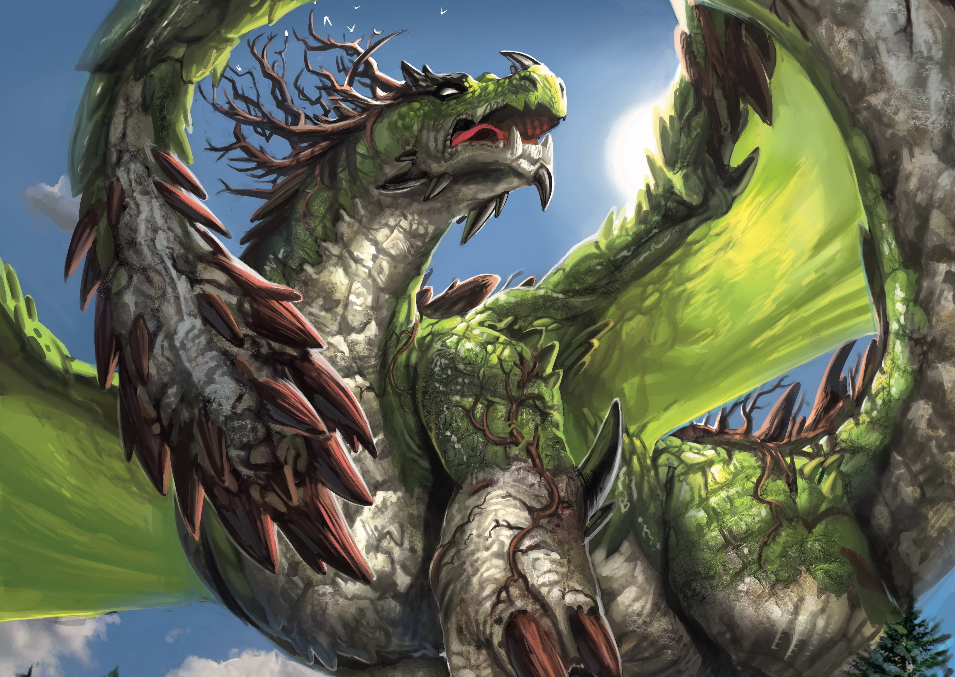 Green dragon with tree branches HD Wallpaper