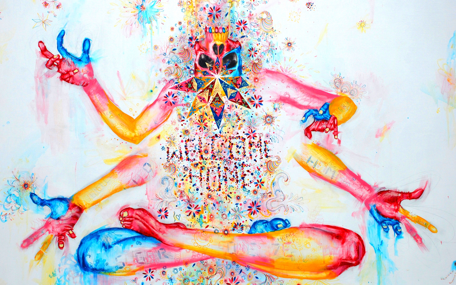 Abstract painting with multiple arms and text HD Wallpaper