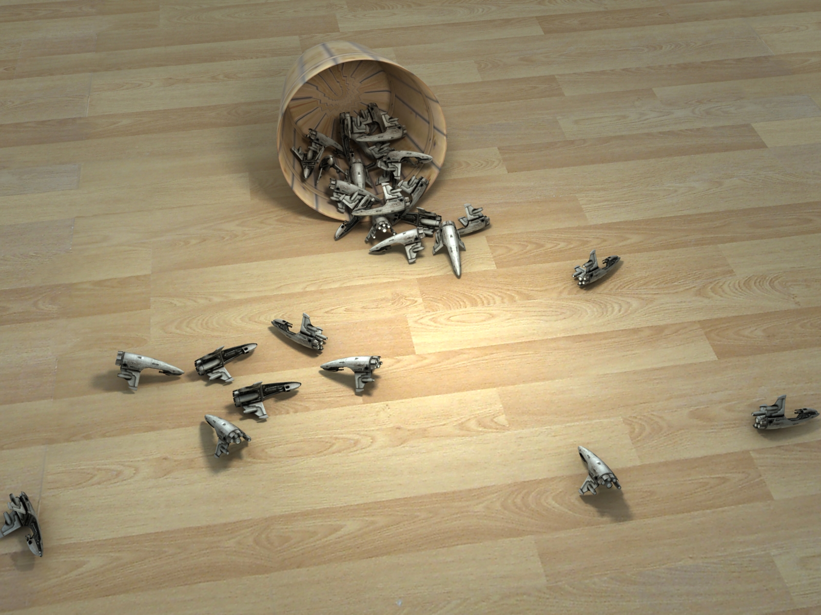 Spaceship toys spilled from a basket on a wooden floor HD Wallpaper